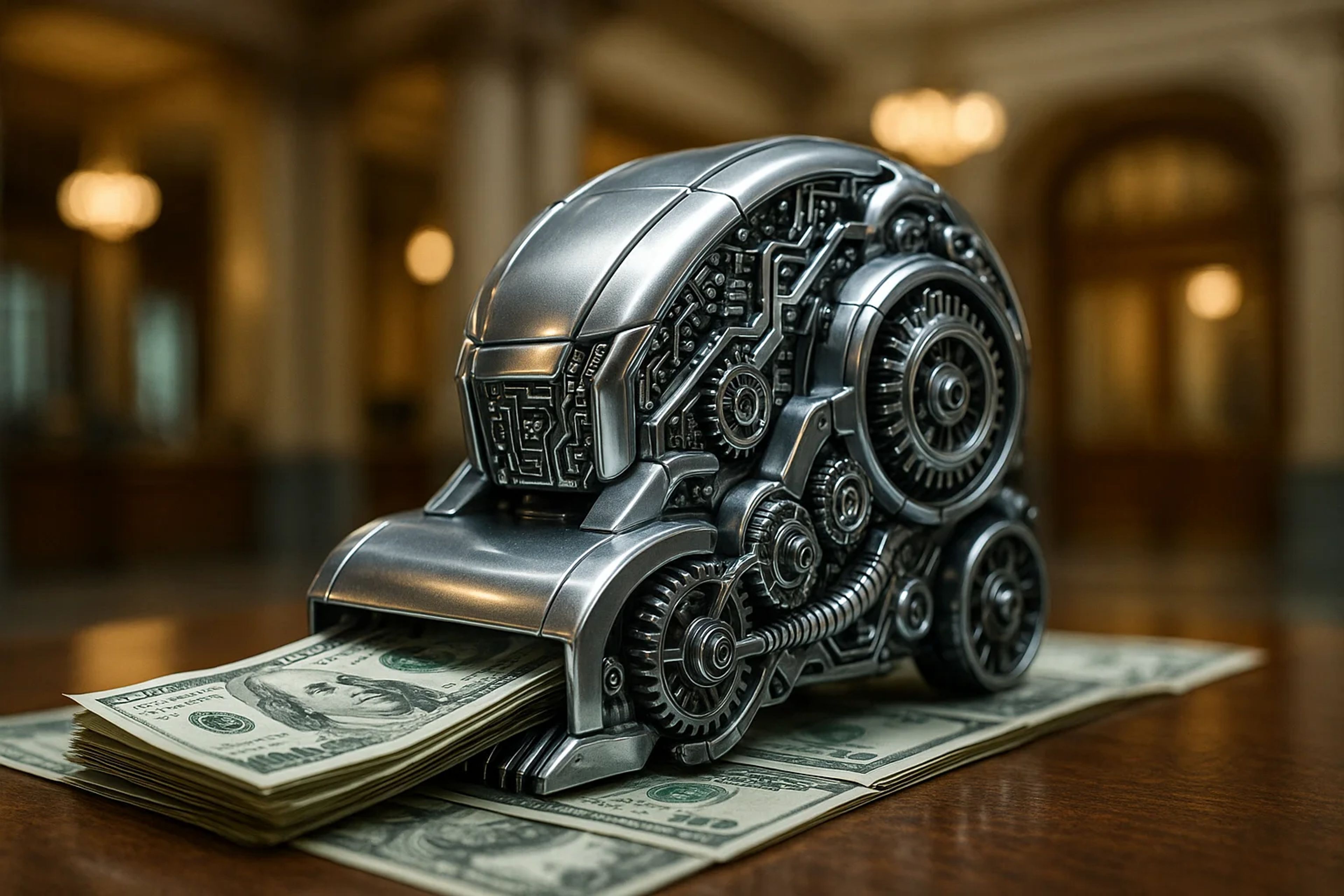 A metallic robot shaped like a cash printer with