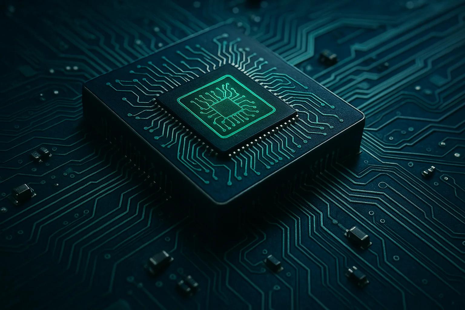 Close-up of a microchip on a circuit board