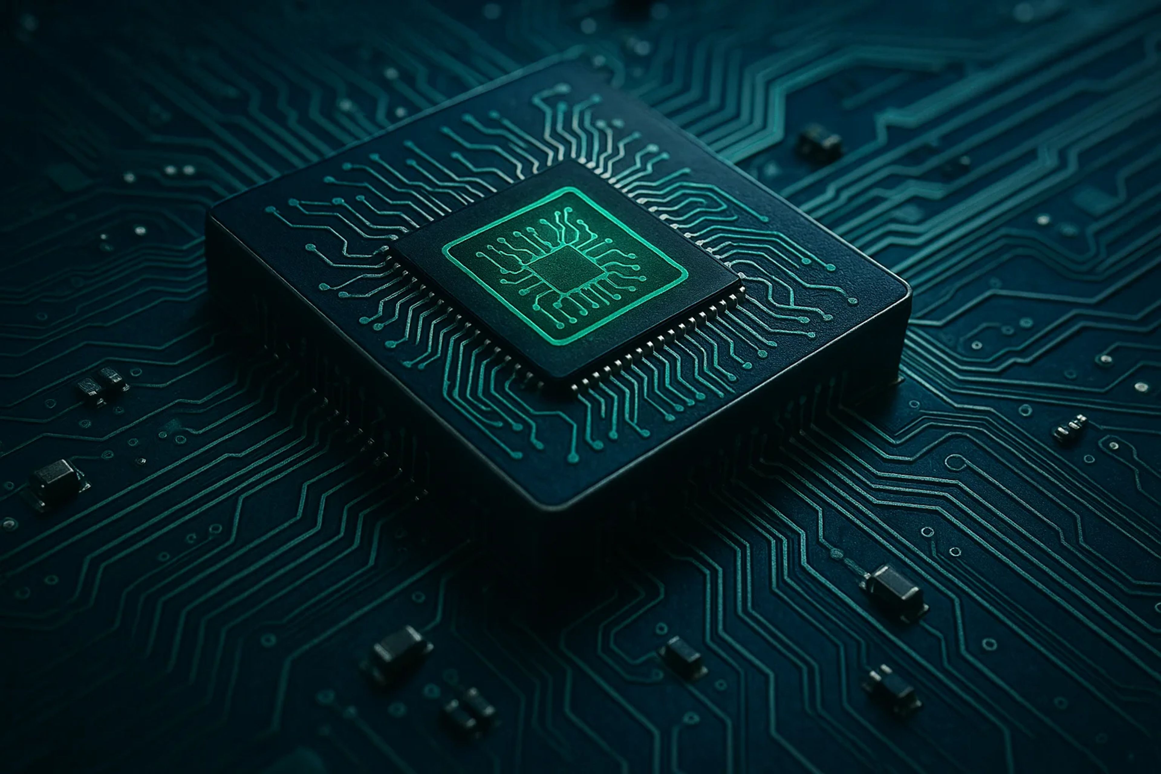 Close-up of a microchip on a circuit board