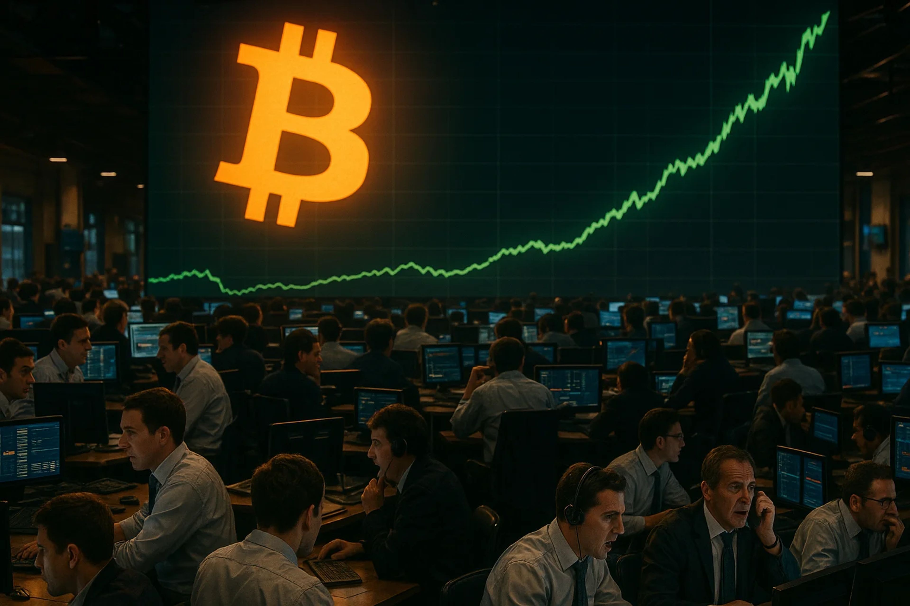 A crowded trading floor with many people at