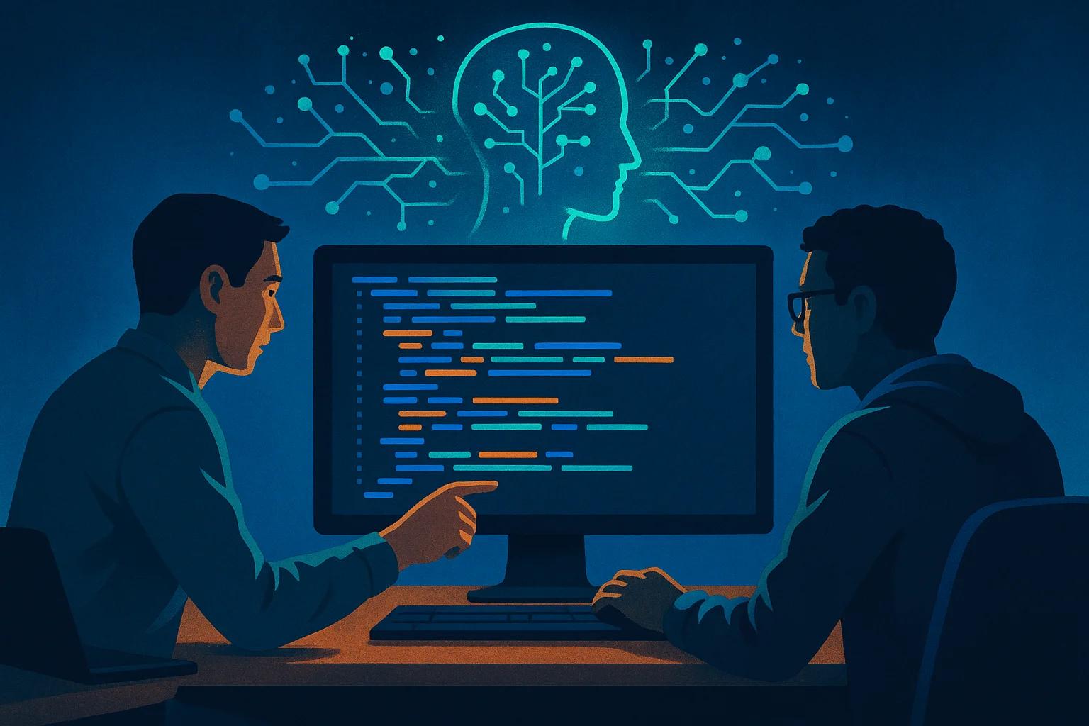 Two people collaborating at a computer, coding