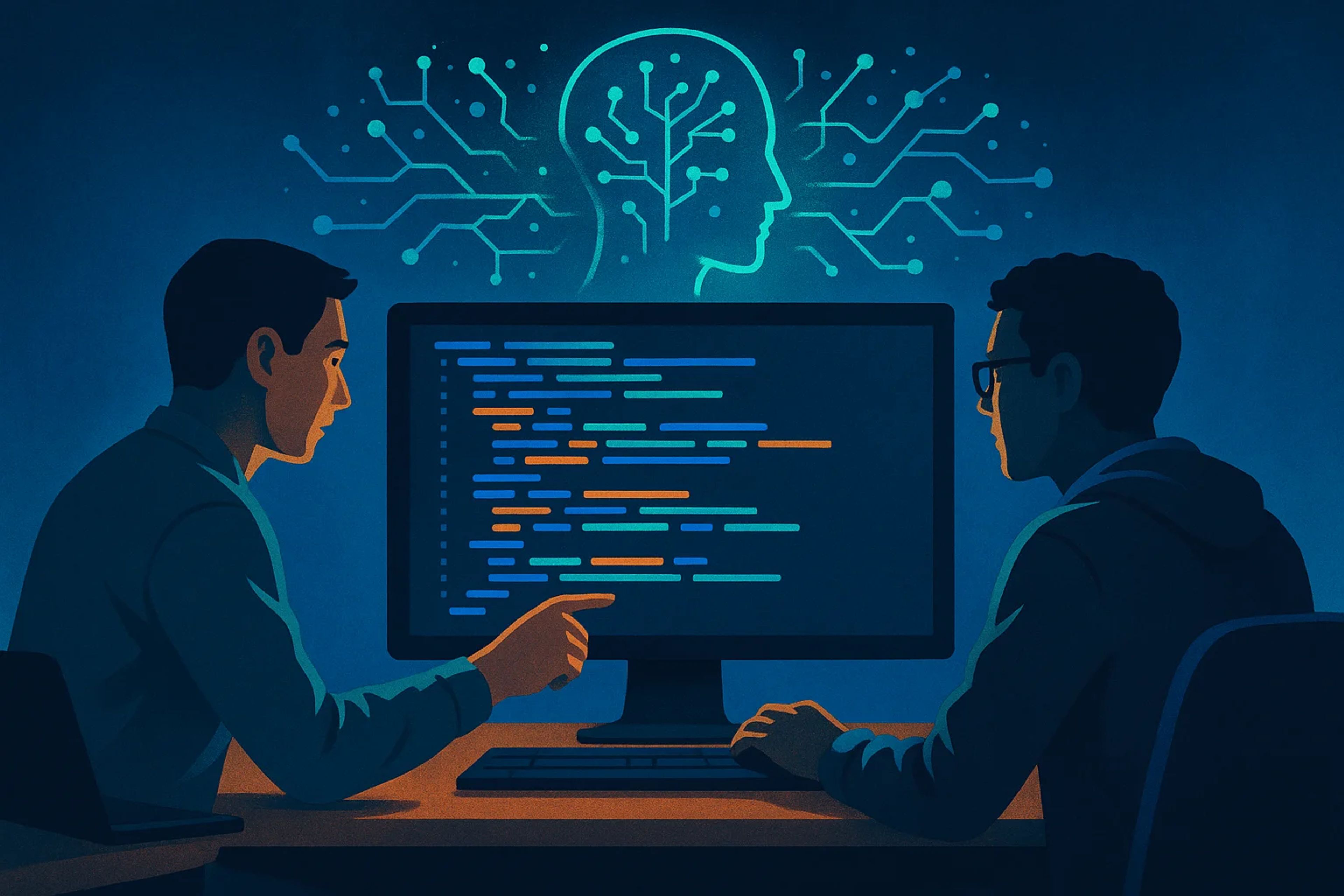 Two people collaborating at a computer, coding