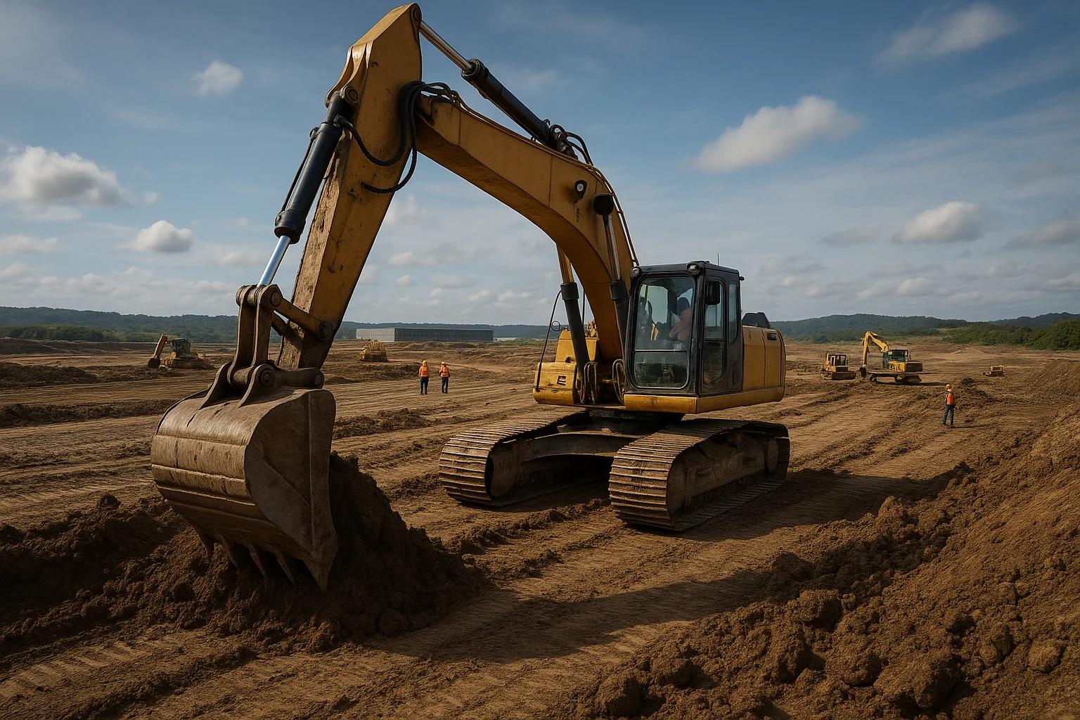 Excavator digging in a construction site with