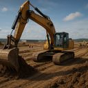 Excavator digging in a construction site with