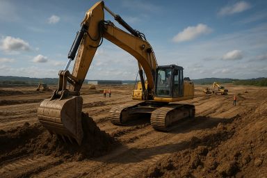 Excavator digging in a construction site with