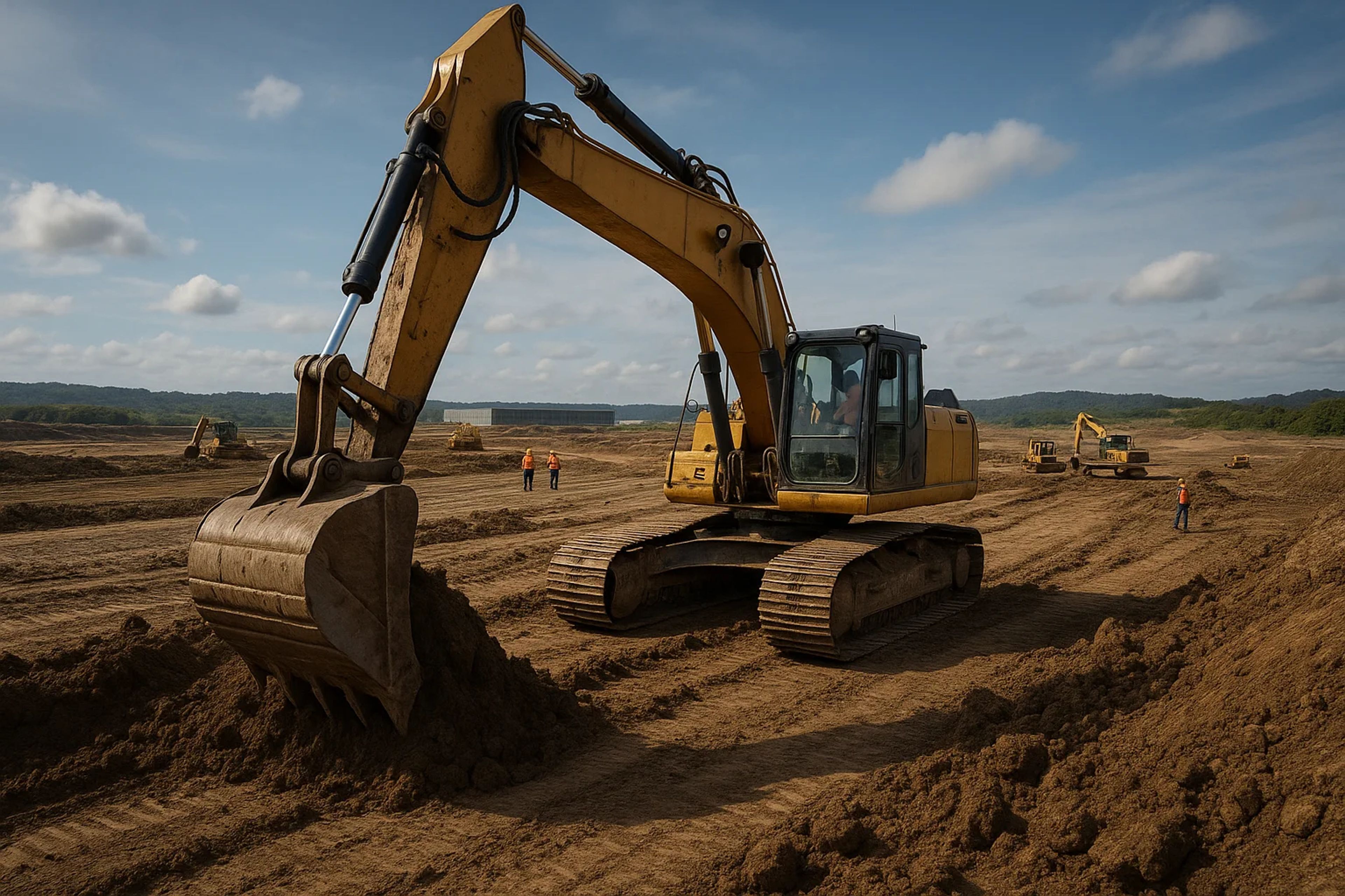 Excavator digging in a construction site with