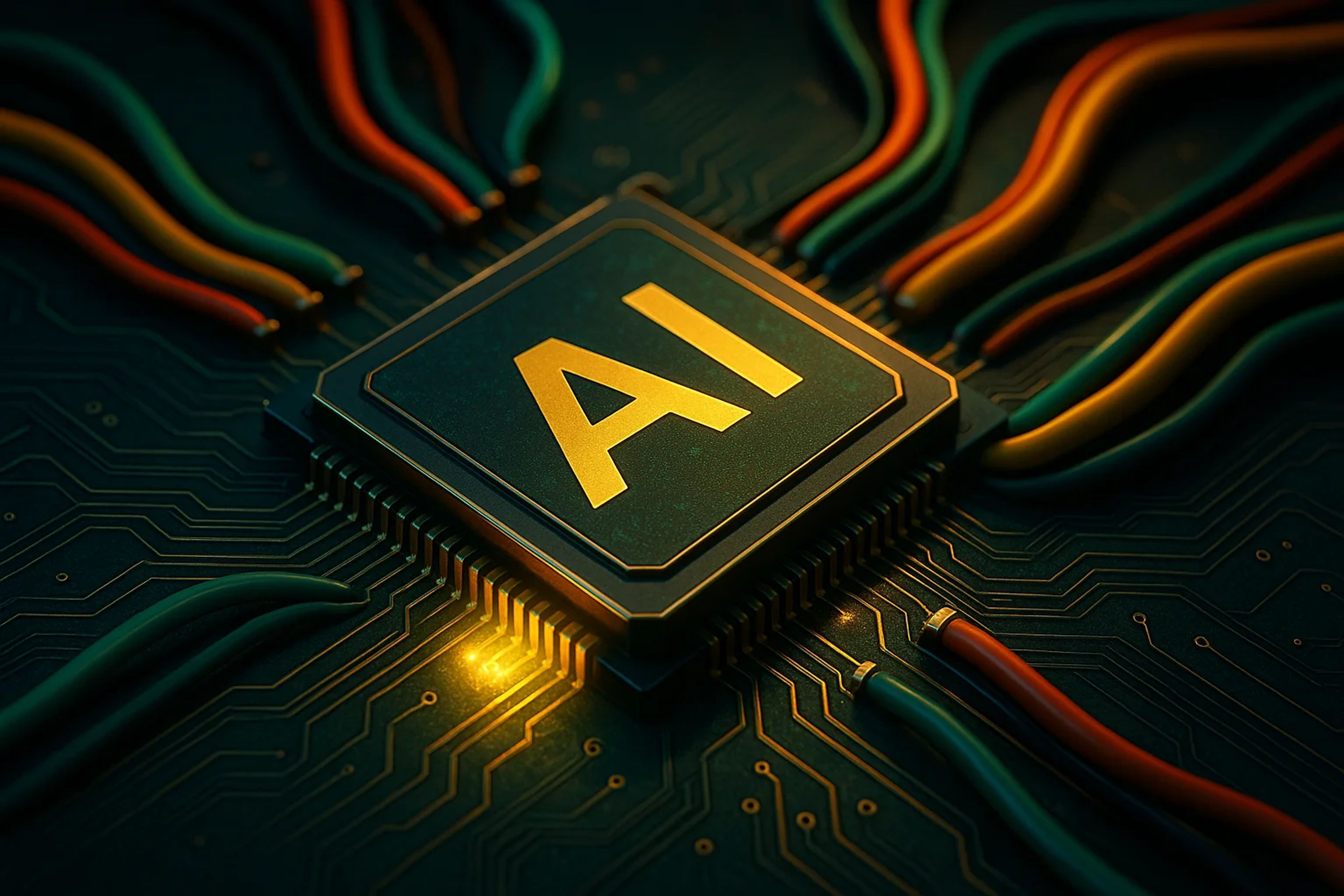 Close-up of a microchip with wires connected