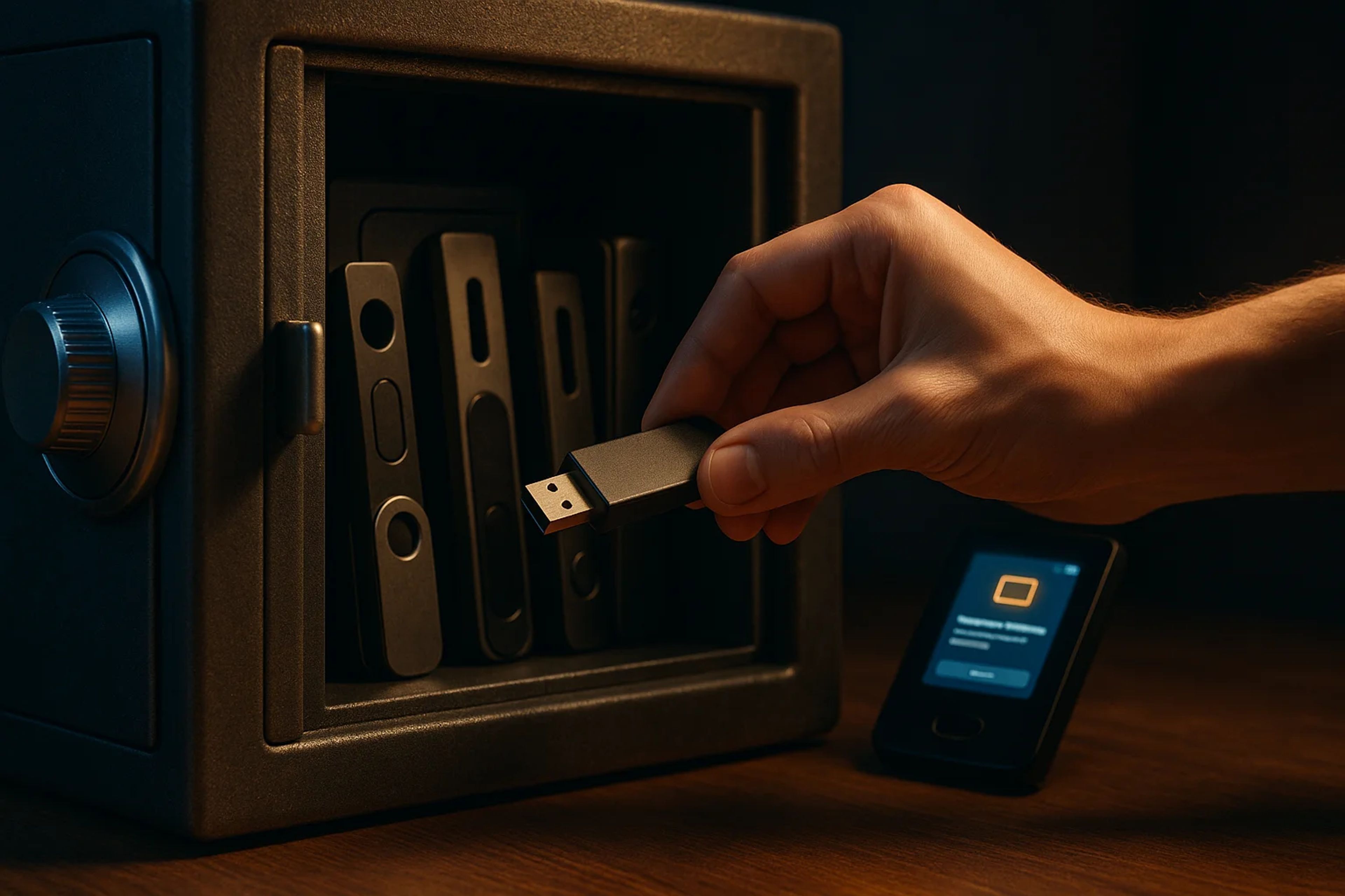 A hand inserting a USB drive into a safe