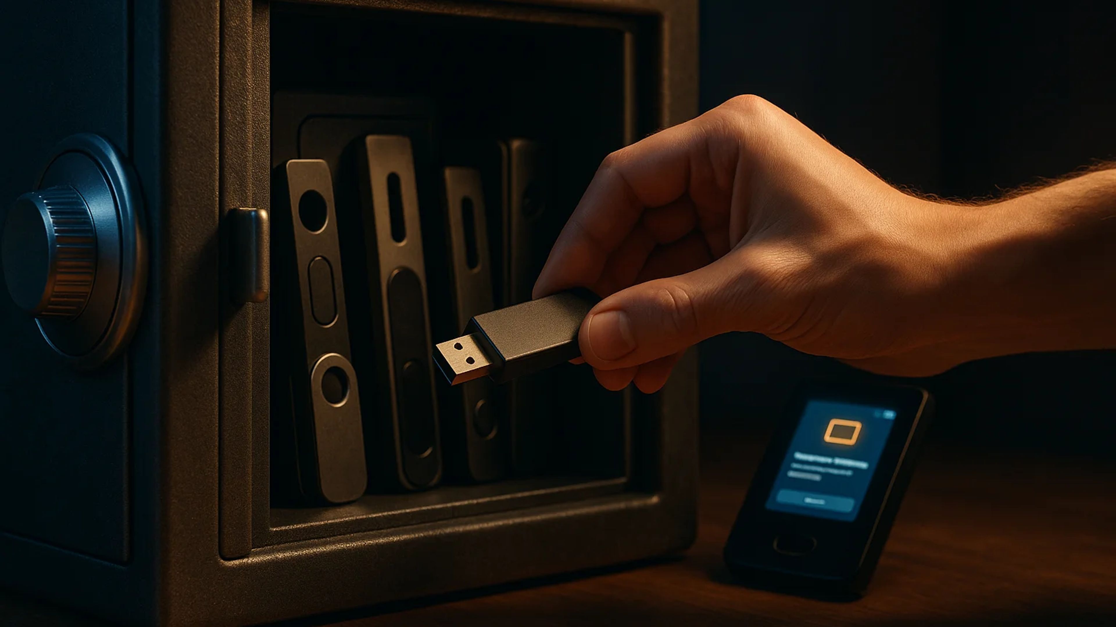 A hand inserting a USB drive into a safe