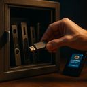 A hand inserting a USB drive into a safe