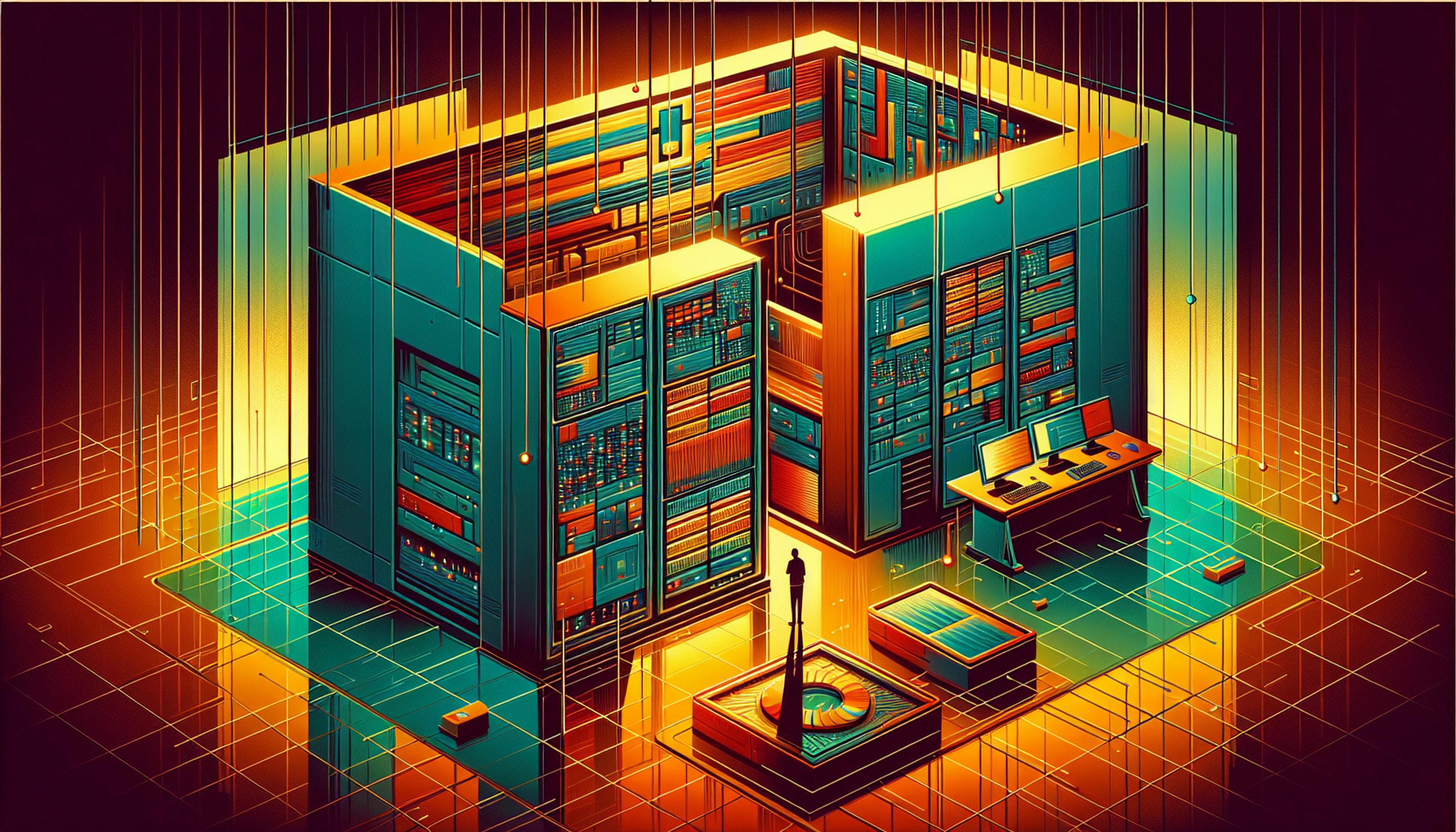 A futuristic data center with glowing servers and