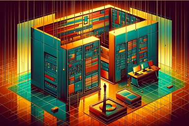 A futuristic data center with glowing servers and