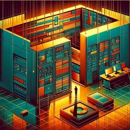 A futuristic data center with glowing servers and