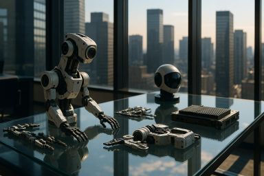 A futuristic workspace with robotic components