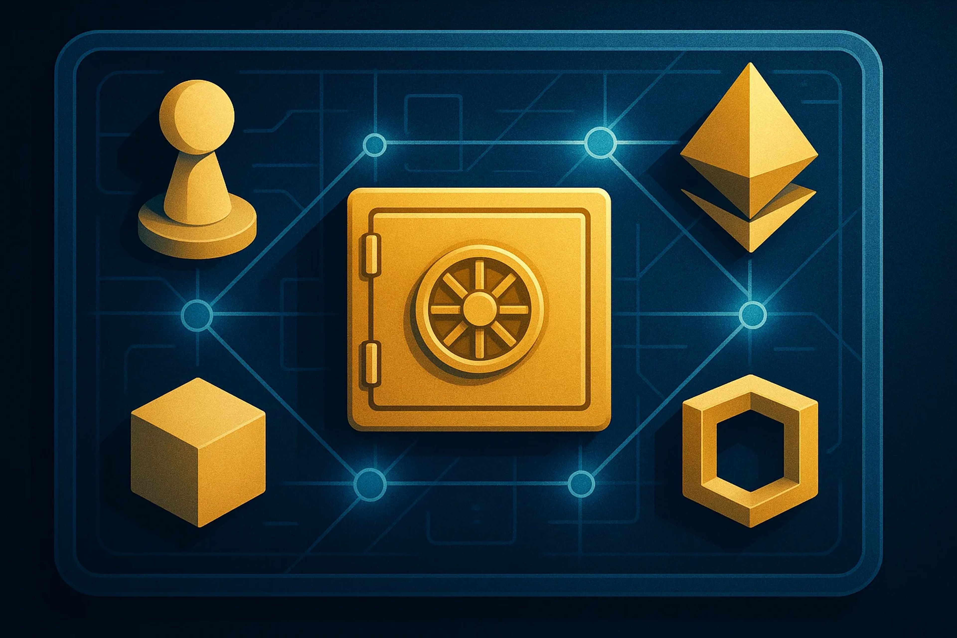 Golden safe surrounded by geometric shapes on a