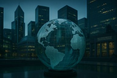 Glowing globe sculpture in an urban setting at