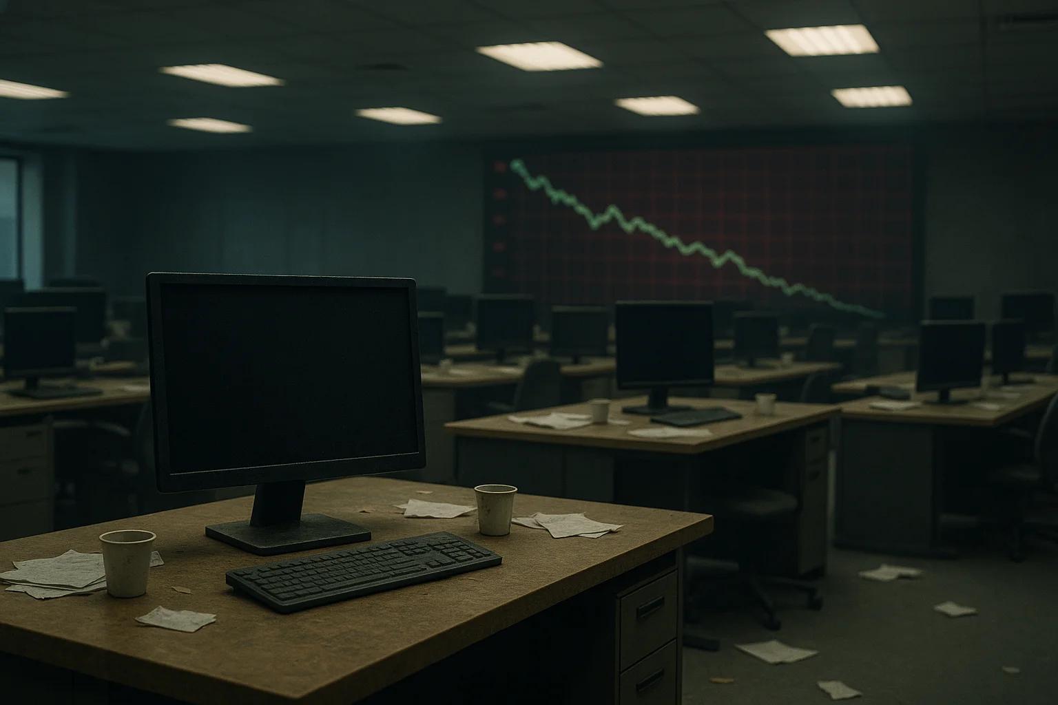 Deserted office with empty desks and monitors