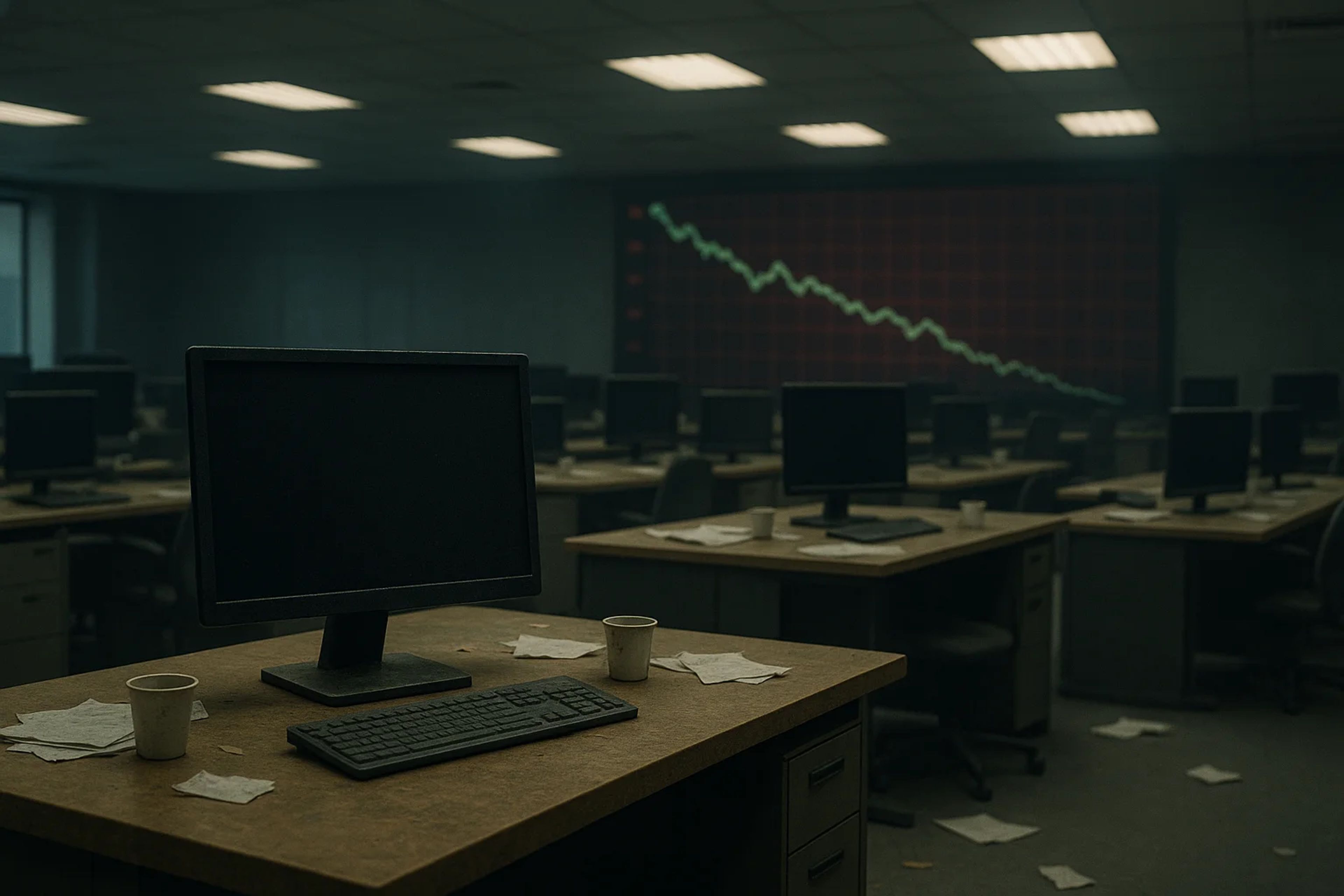 Deserted office with empty desks and monitors