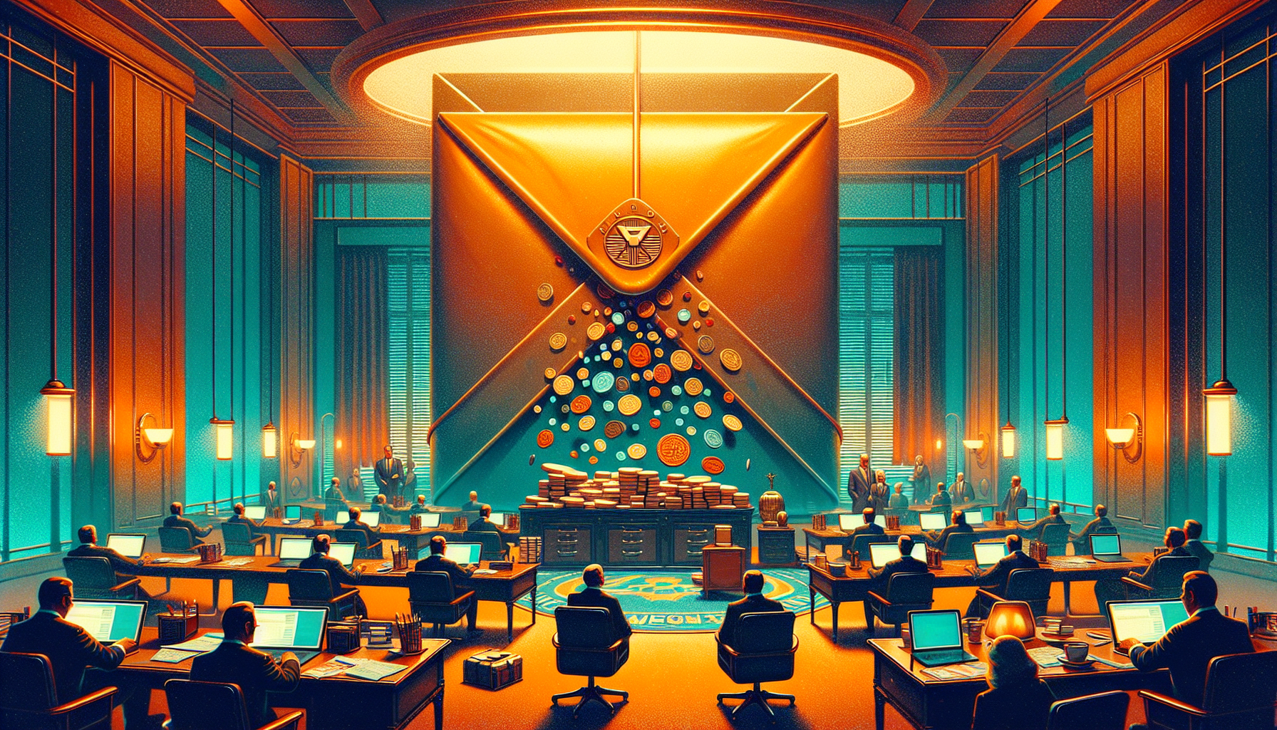 A brightly lit office with large desks and people