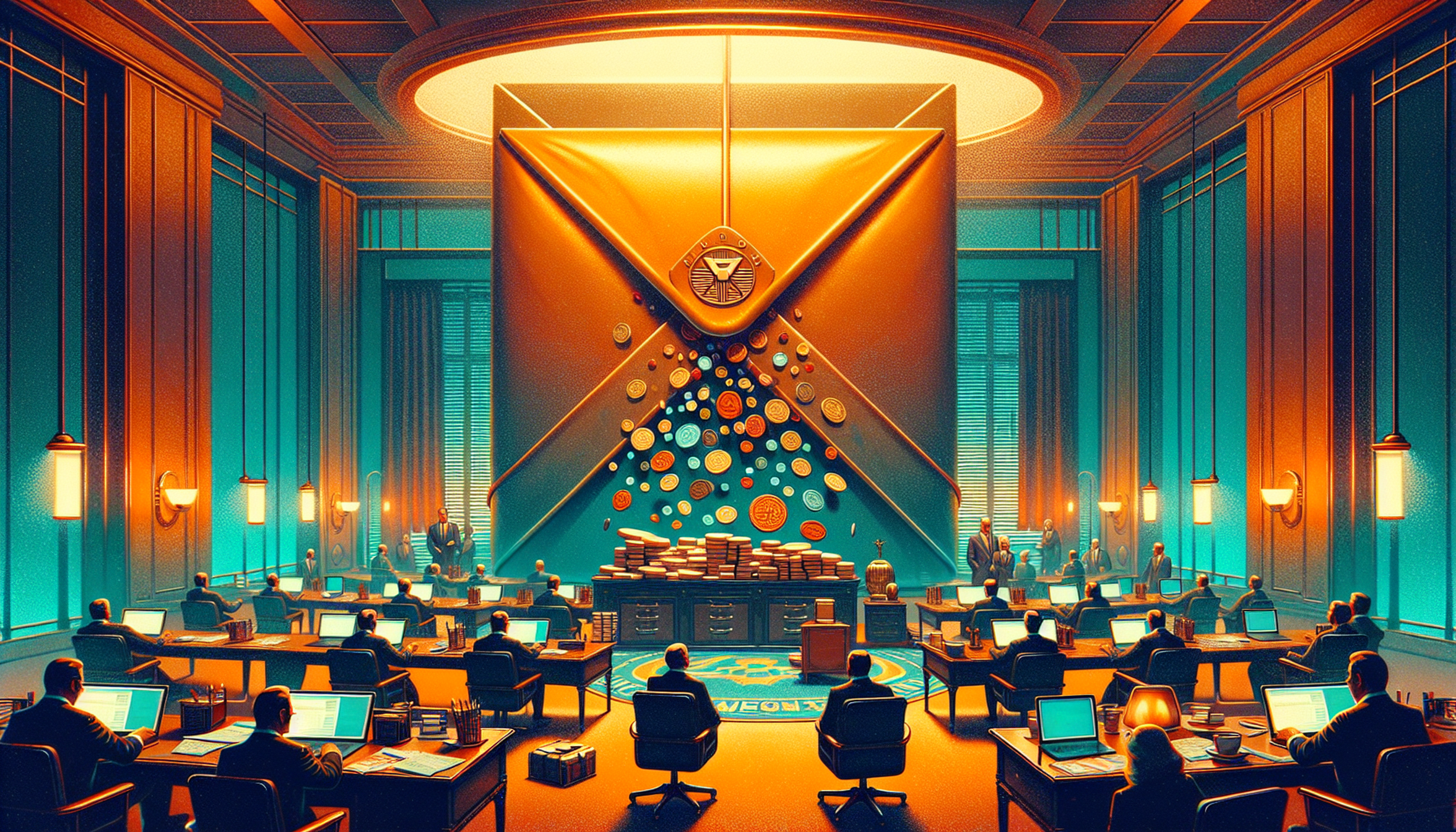 A brightly lit office with large desks and people