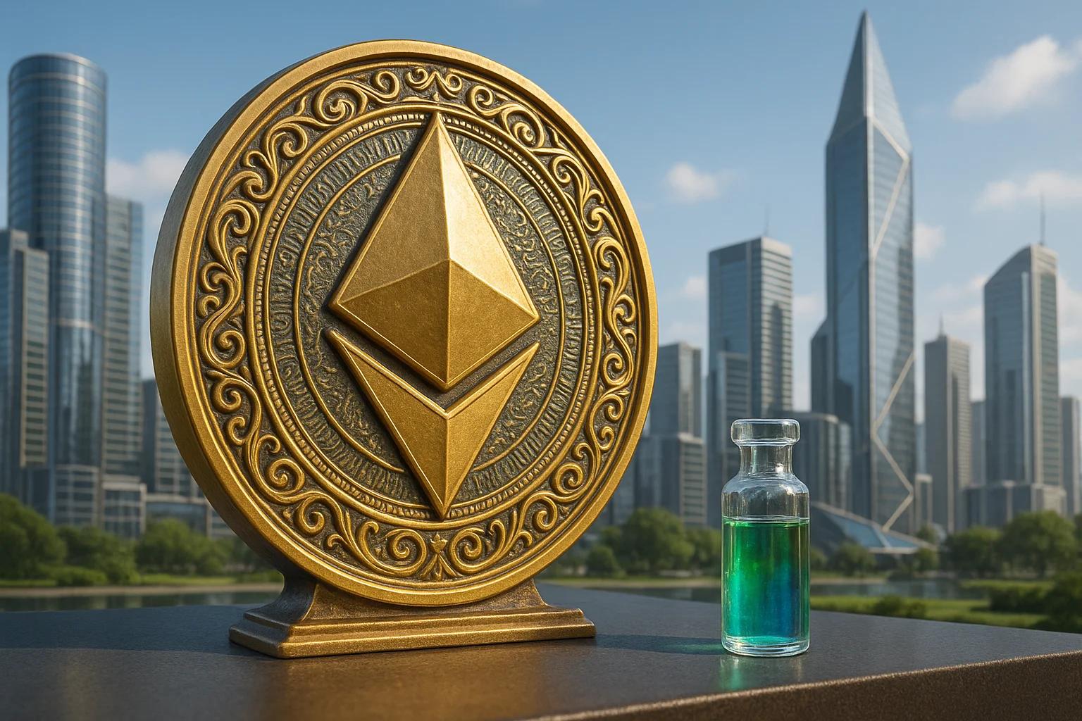 Golden Ethereum symbol beside a glass vial with