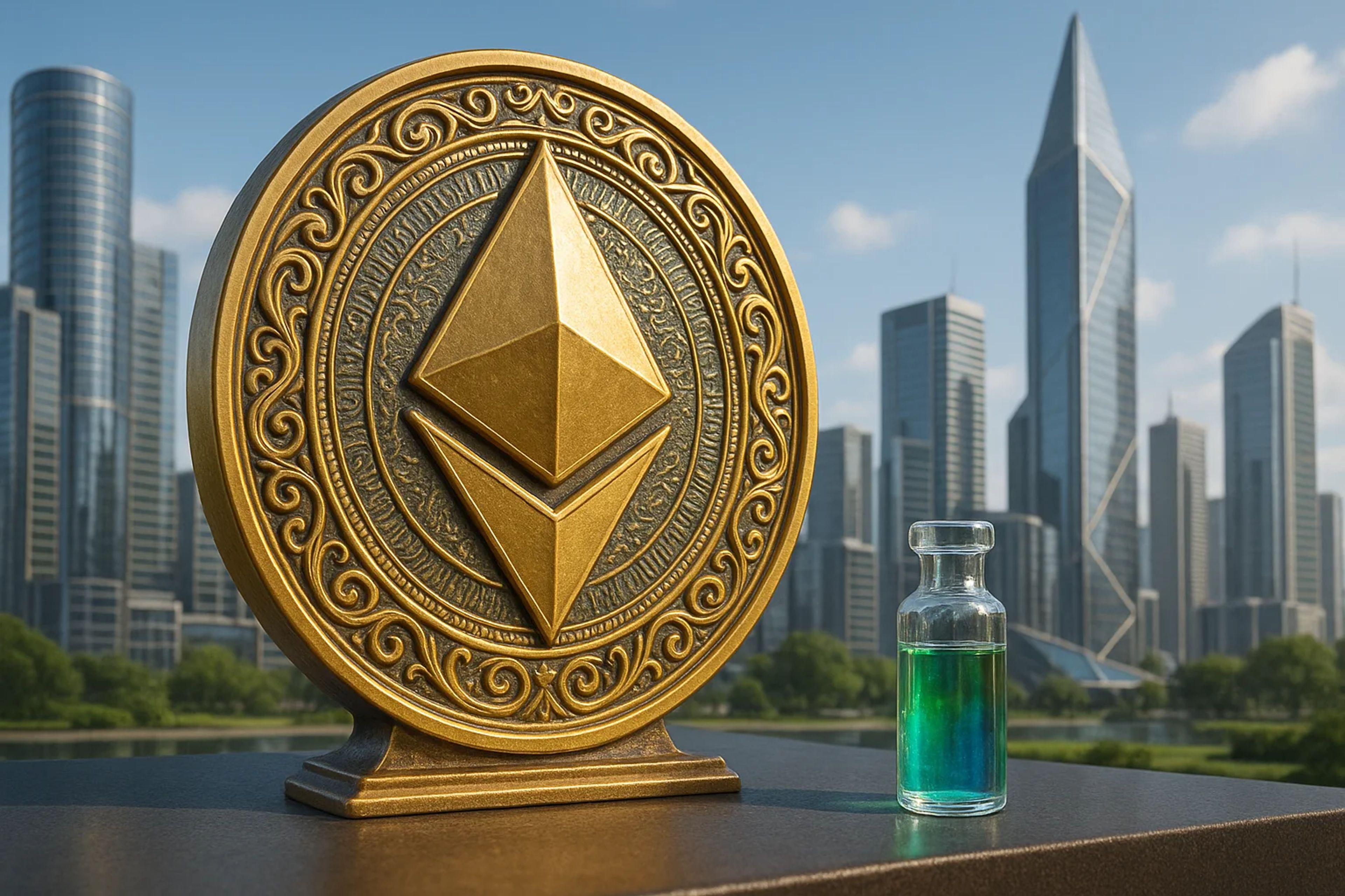 Golden Ethereum symbol beside a glass vial with
