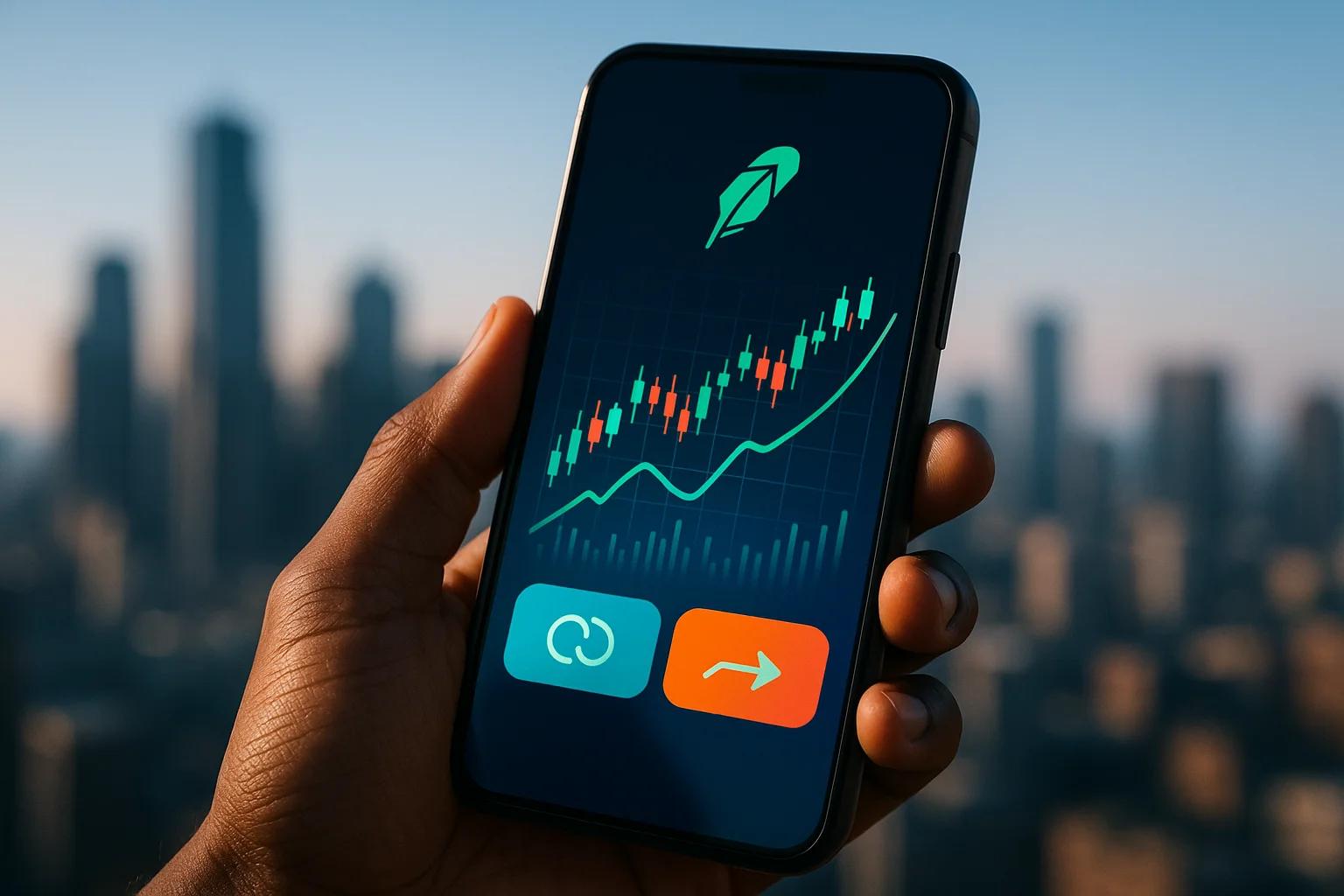 Hand holding a smartphone displaying a stock chart