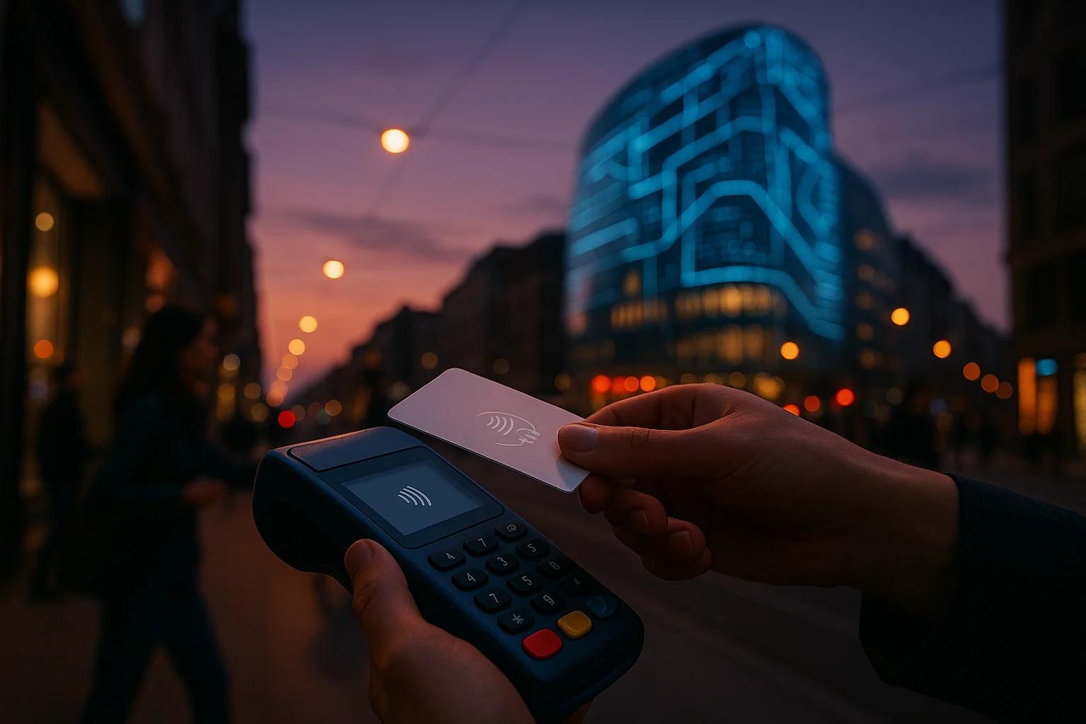 Hand holding a card near a payment terminal, city