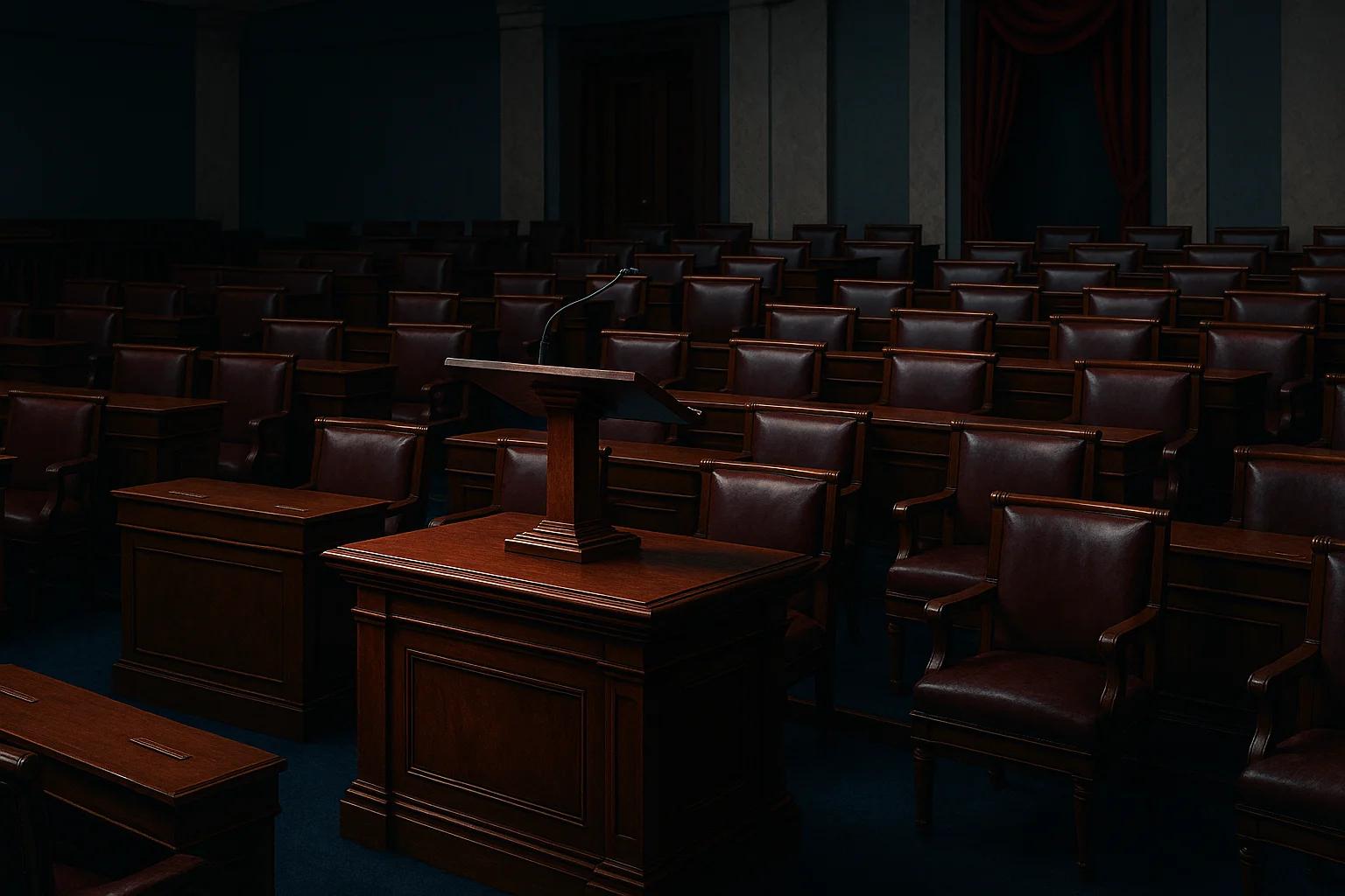 Empty courtroom with wooden chairs and podium