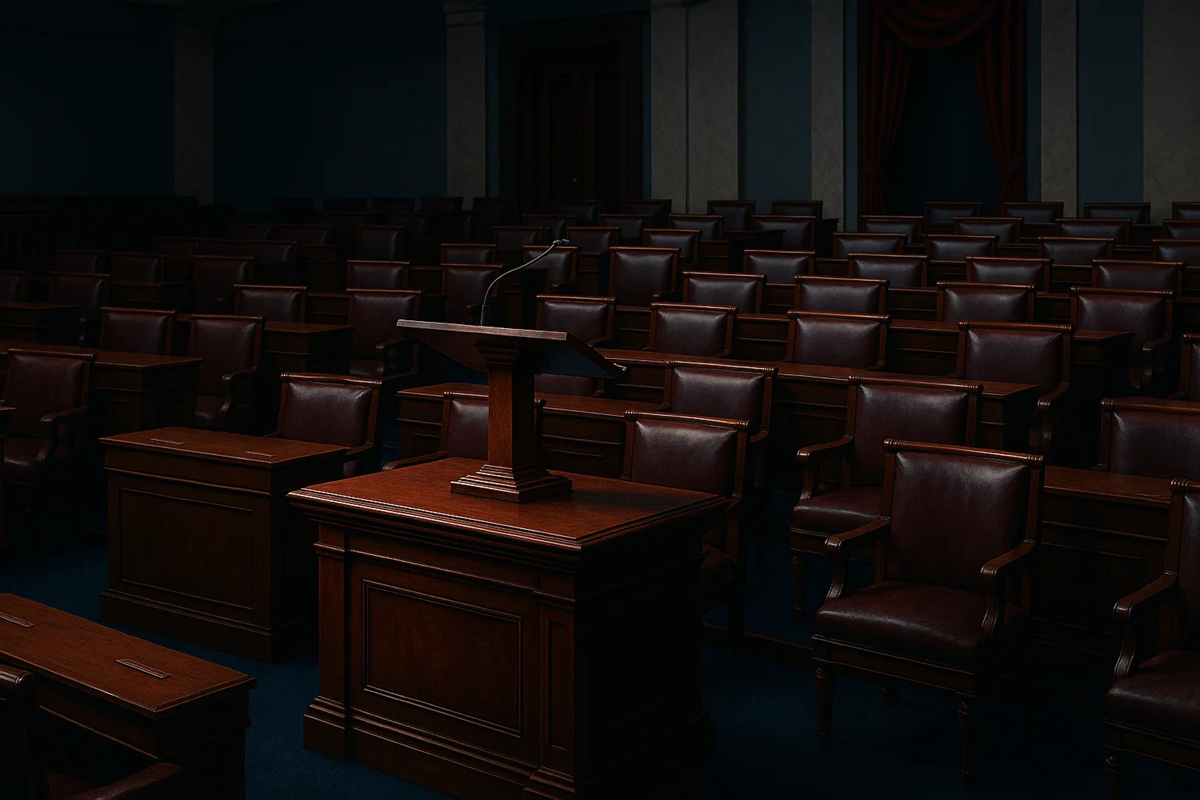 Empty courtroom with wooden chairs and podium