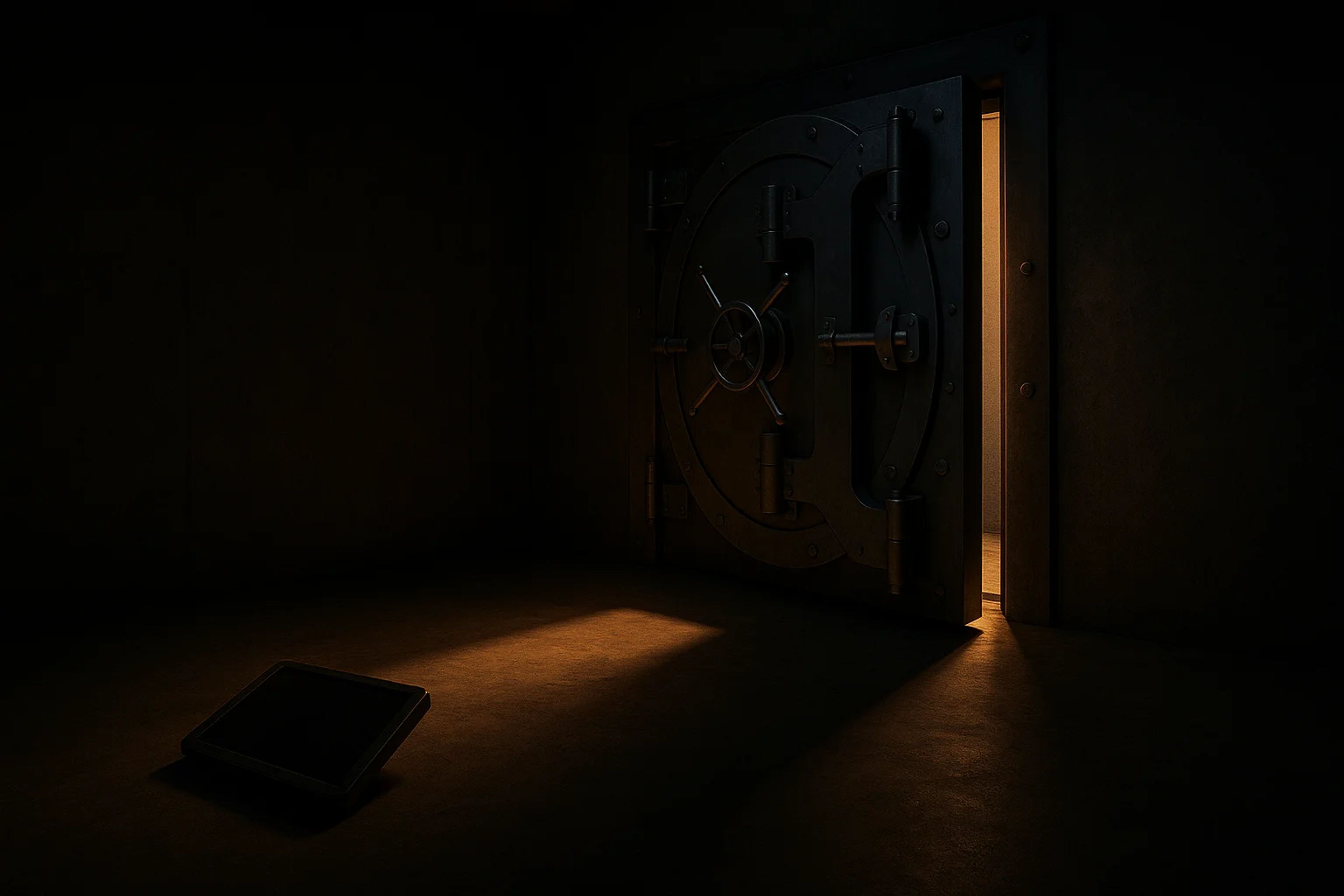 A large, metallic safe door slightly ajar
