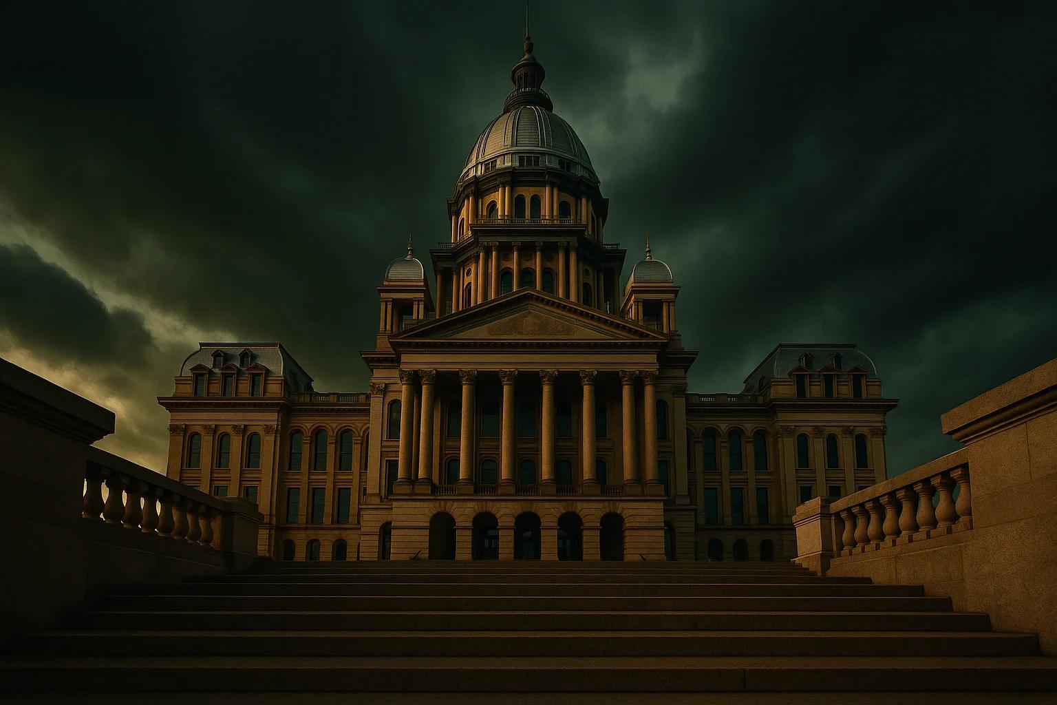 A grand building with a dome, under dark clouds