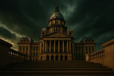 A grand building with a dome, under dark clouds
