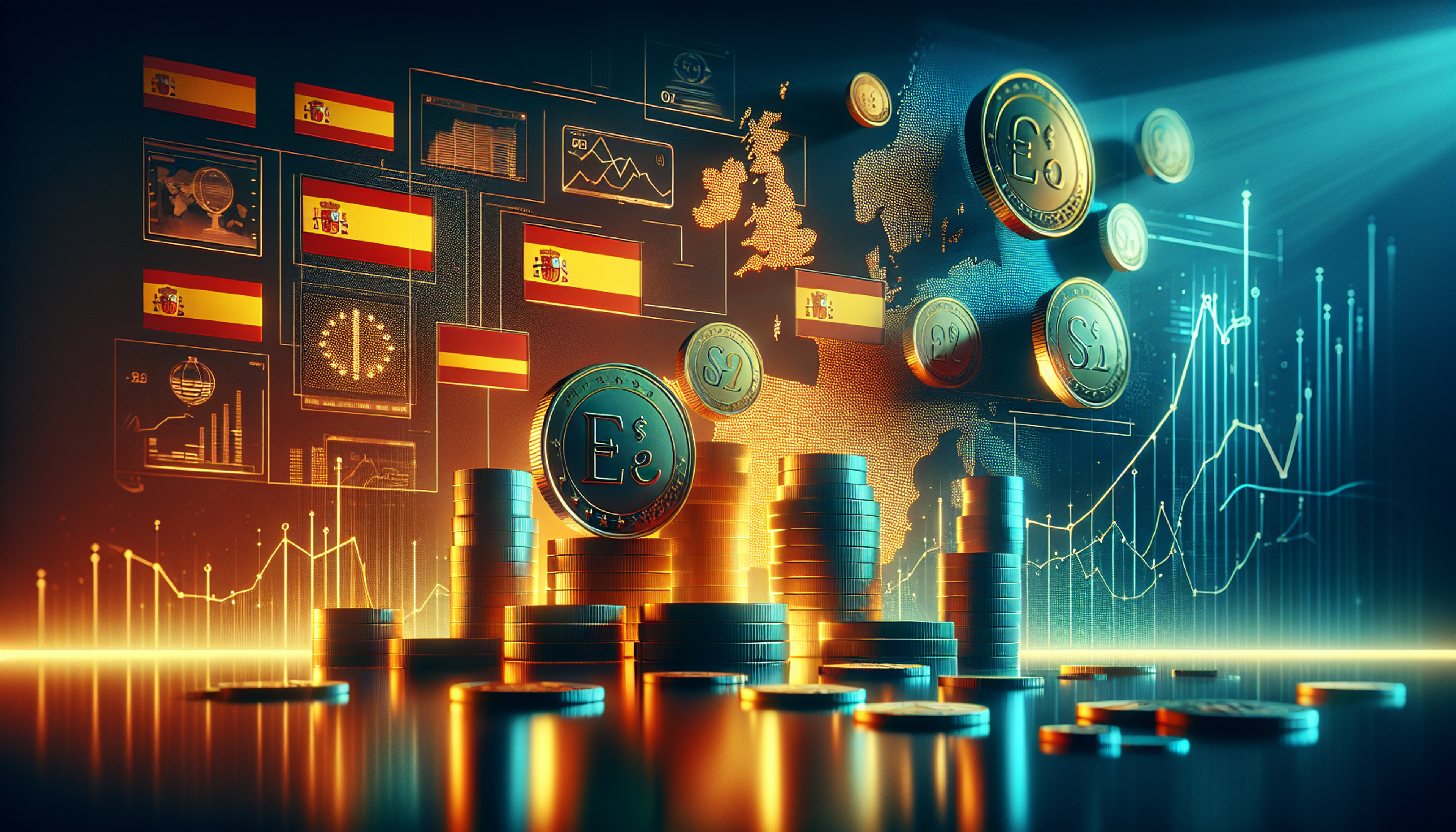 Stacks of coins with digital graphs and flags