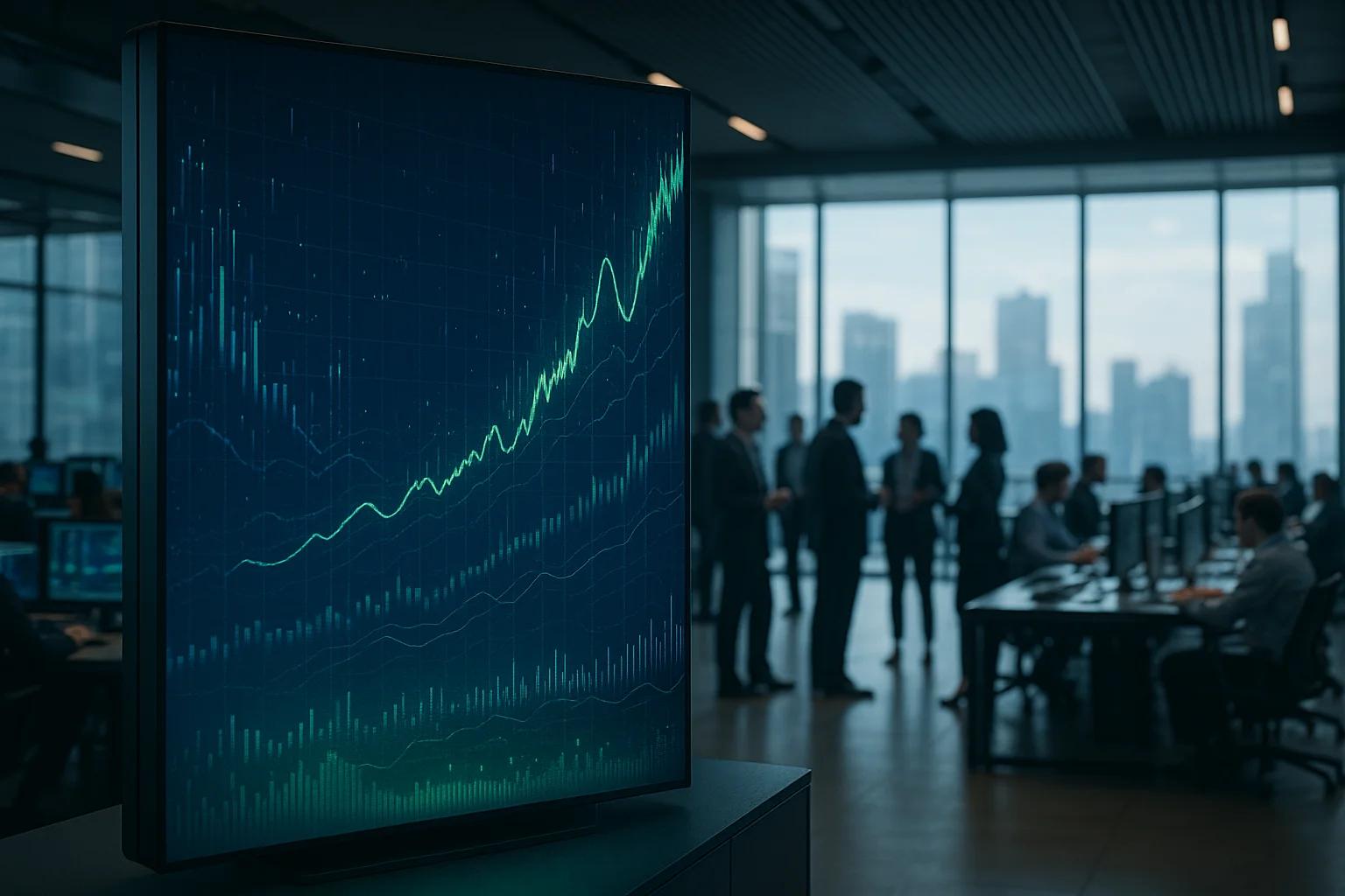 A digital screen displaying a rising graph in an