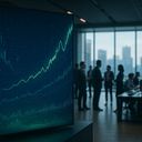 A digital screen displaying a rising graph in an