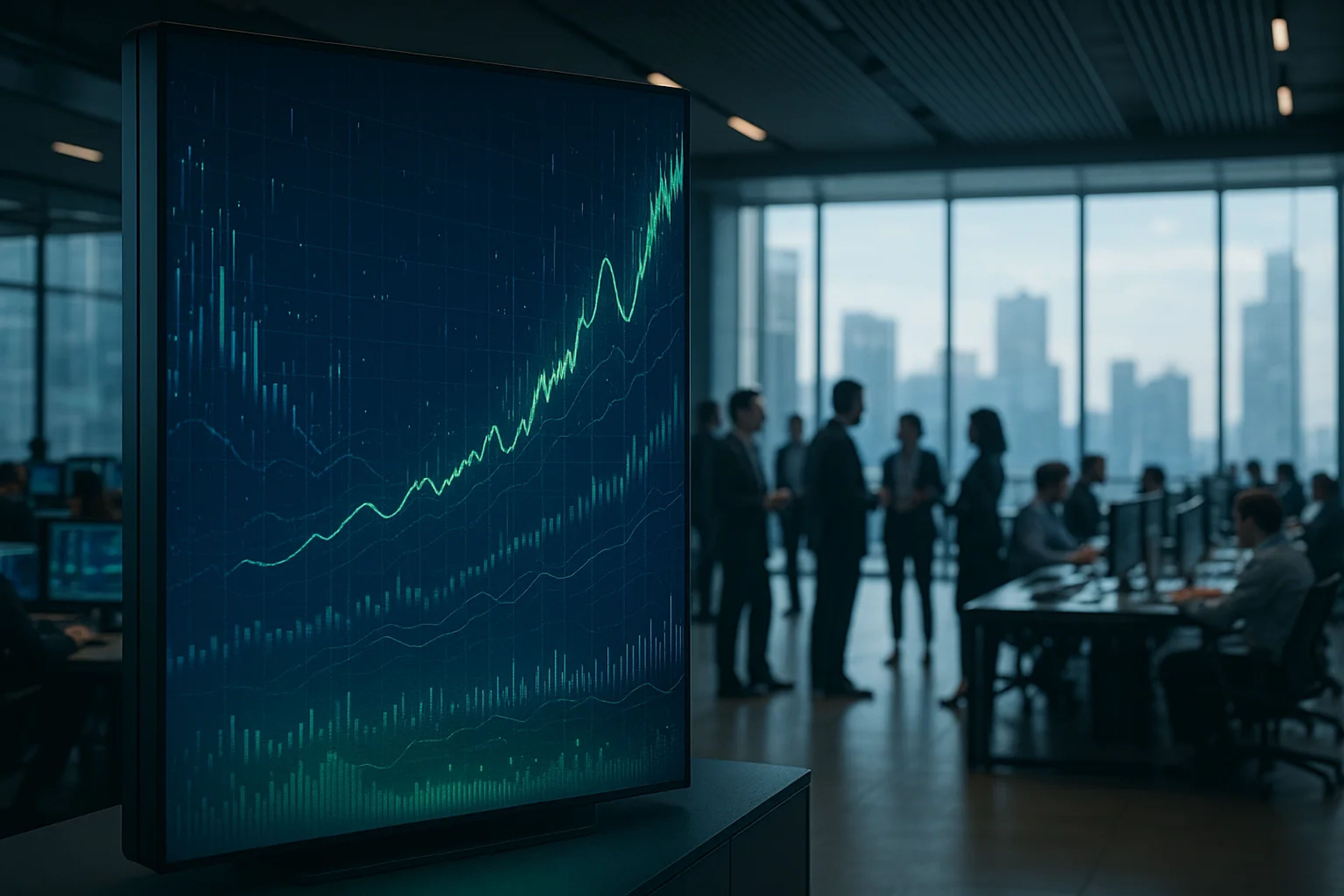 A digital screen displaying a rising graph in an