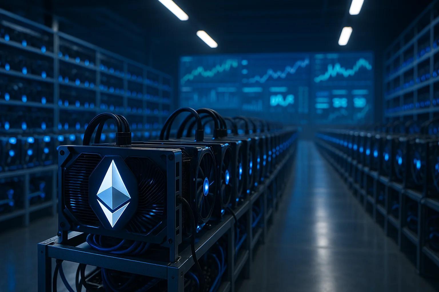 Rows of mining rigs with blue lights in a dark