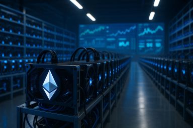 Rows of mining rigs with blue lights in a dark