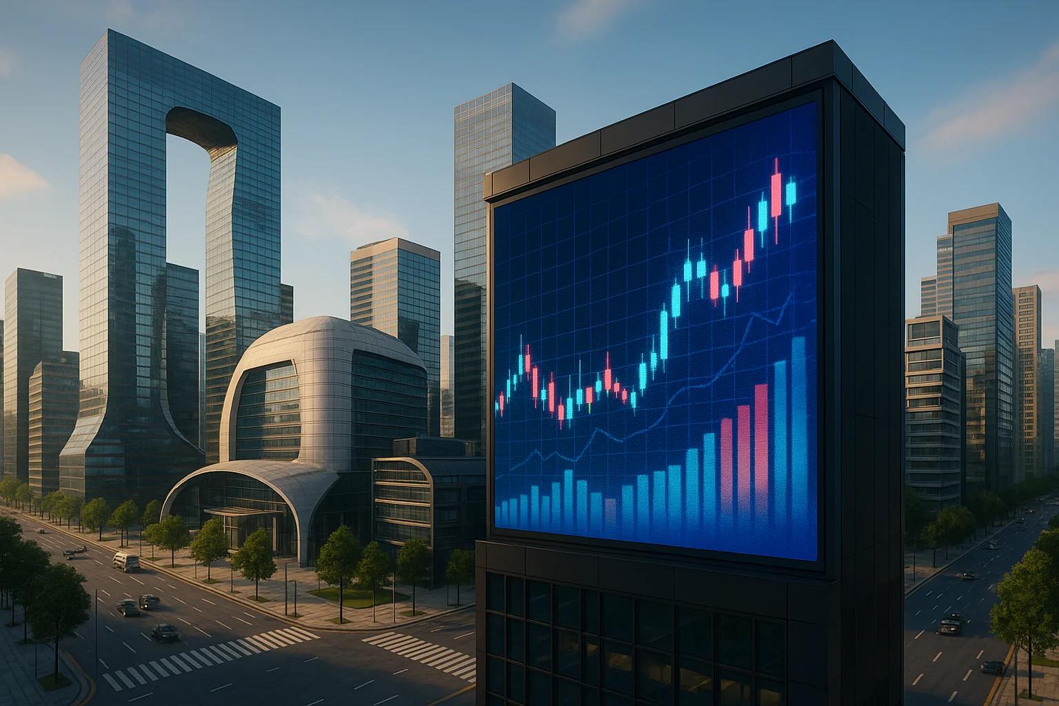 Modern cityscape with skyscrapers and a digital
