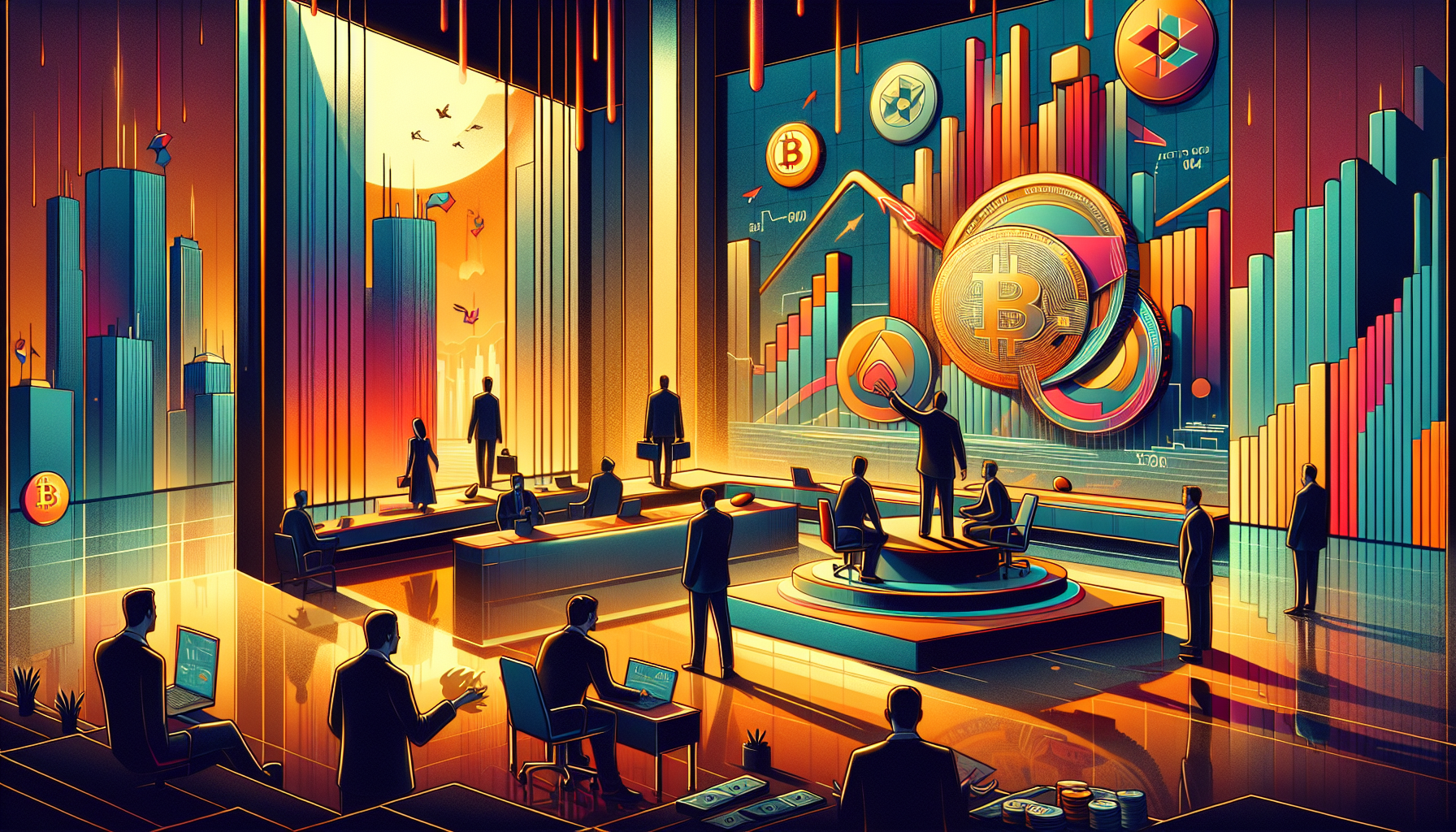 A vibrant, stylized conference room with