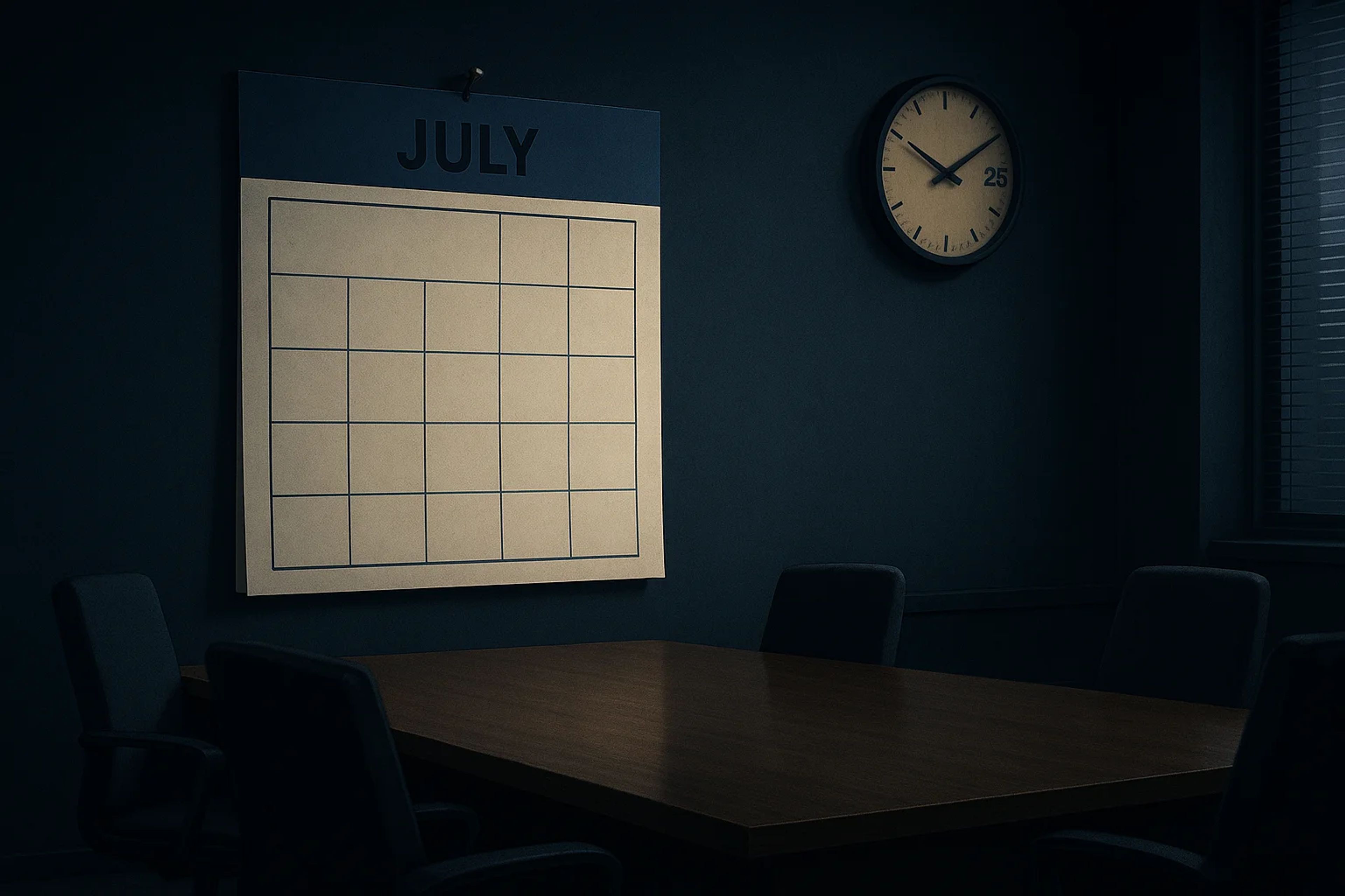 A dimly lit conference room with a large calendar
