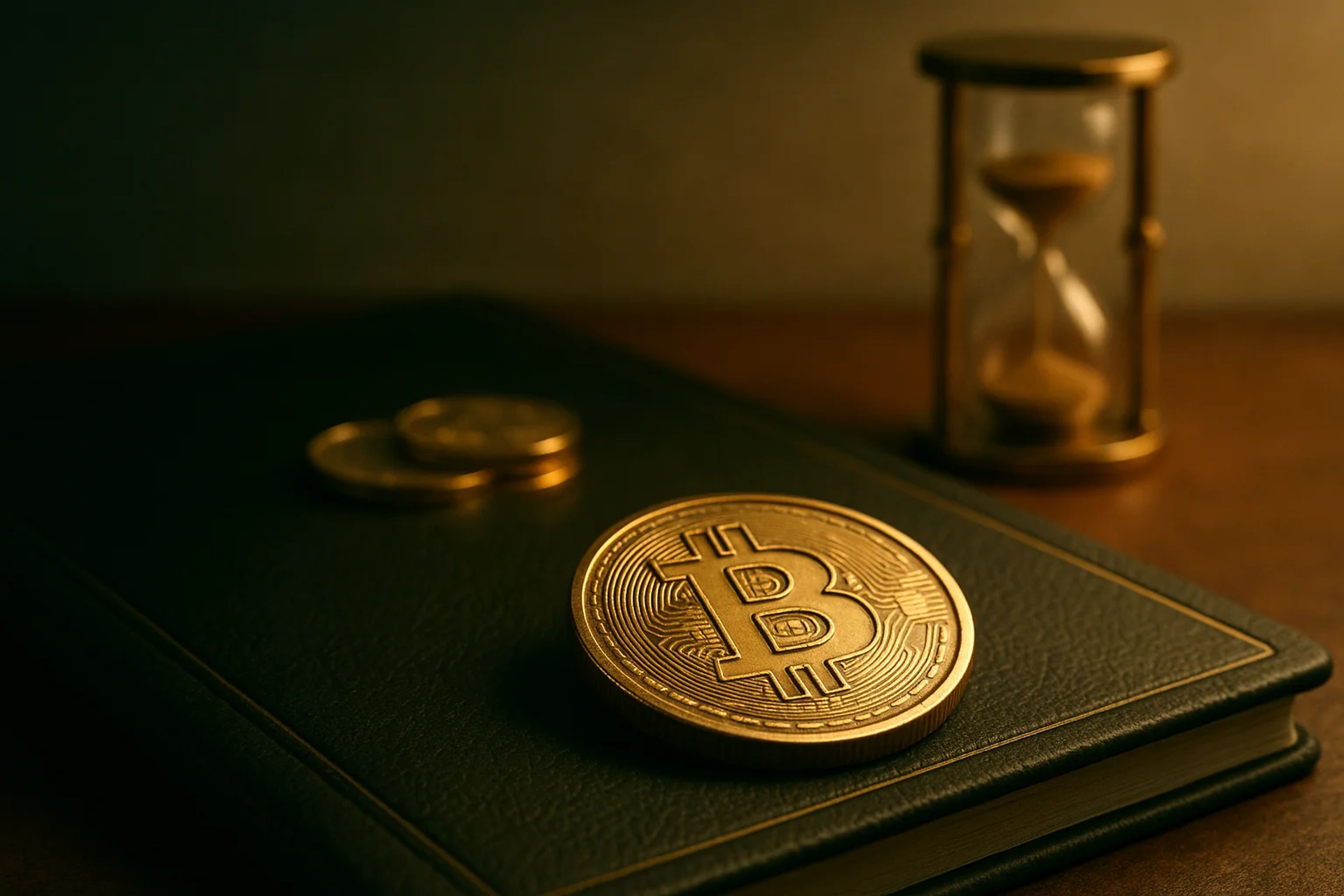 Gold Bitcoin on a dark notebook with coins and an