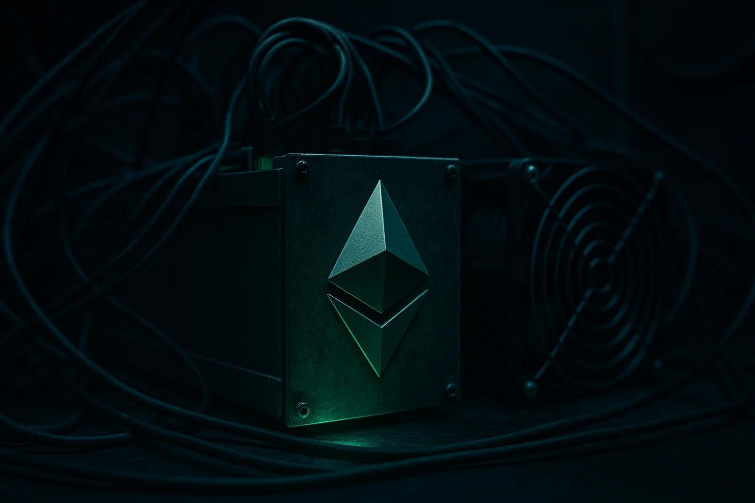 A metallic device with an Ethereum logo