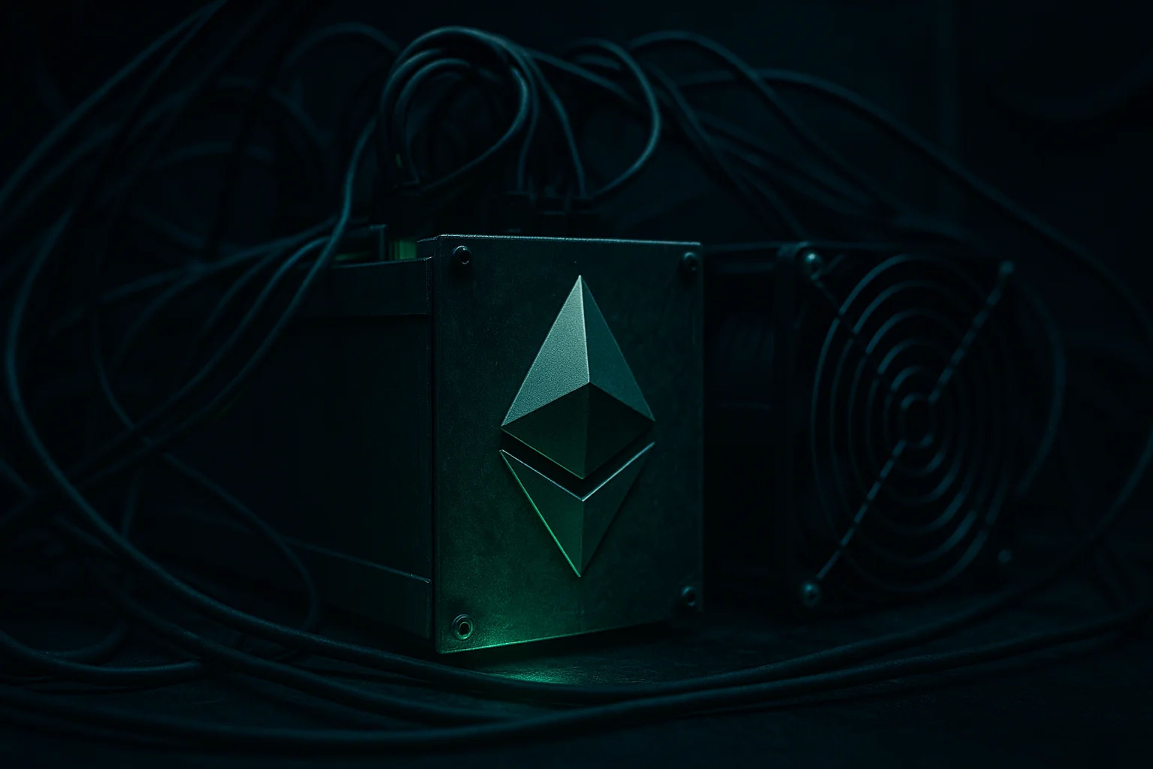 A metallic device with an Ethereum logo
