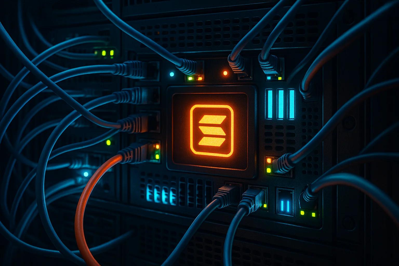 Close-up of a server with illuminated cables and