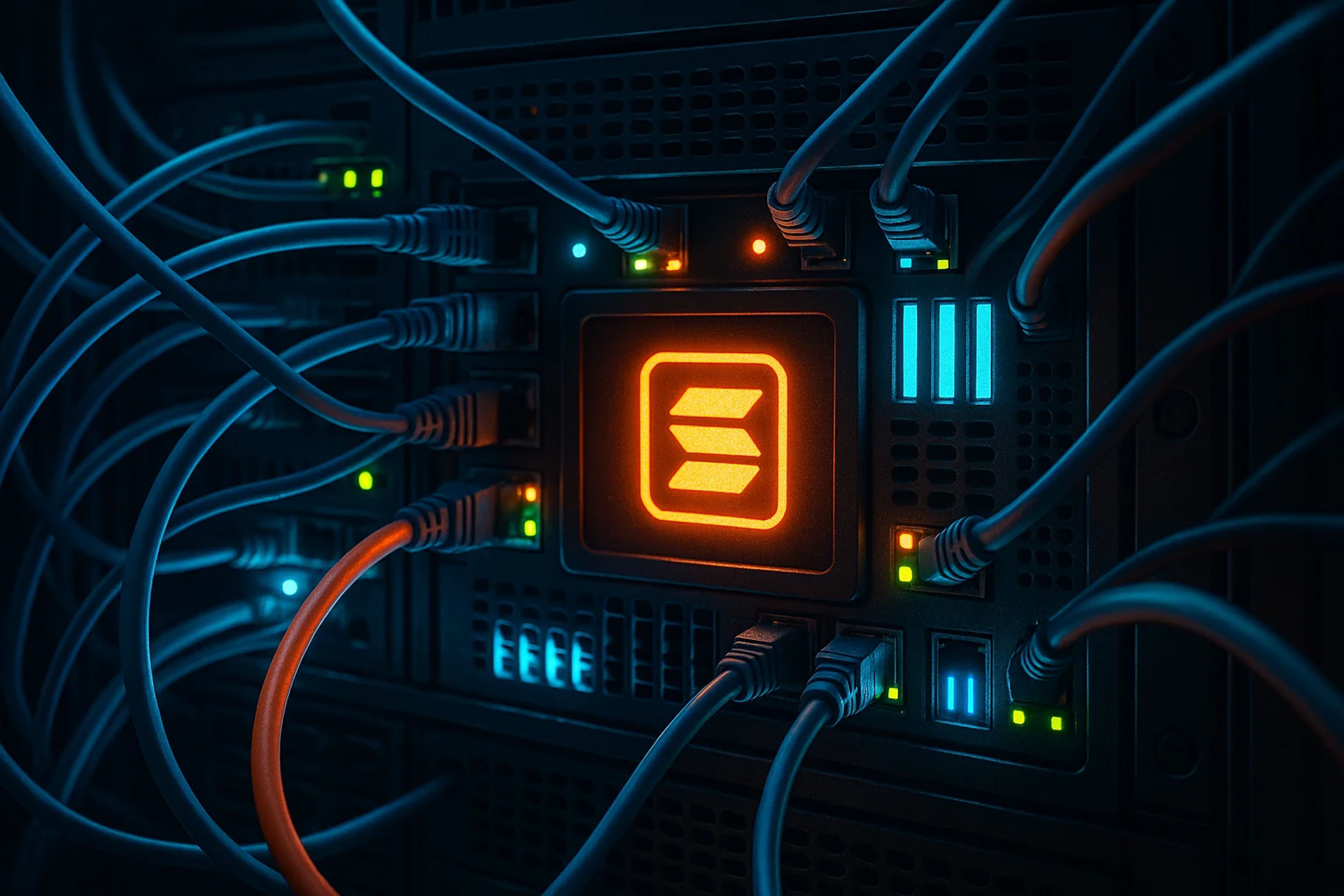 Close-up of a server with illuminated cables and