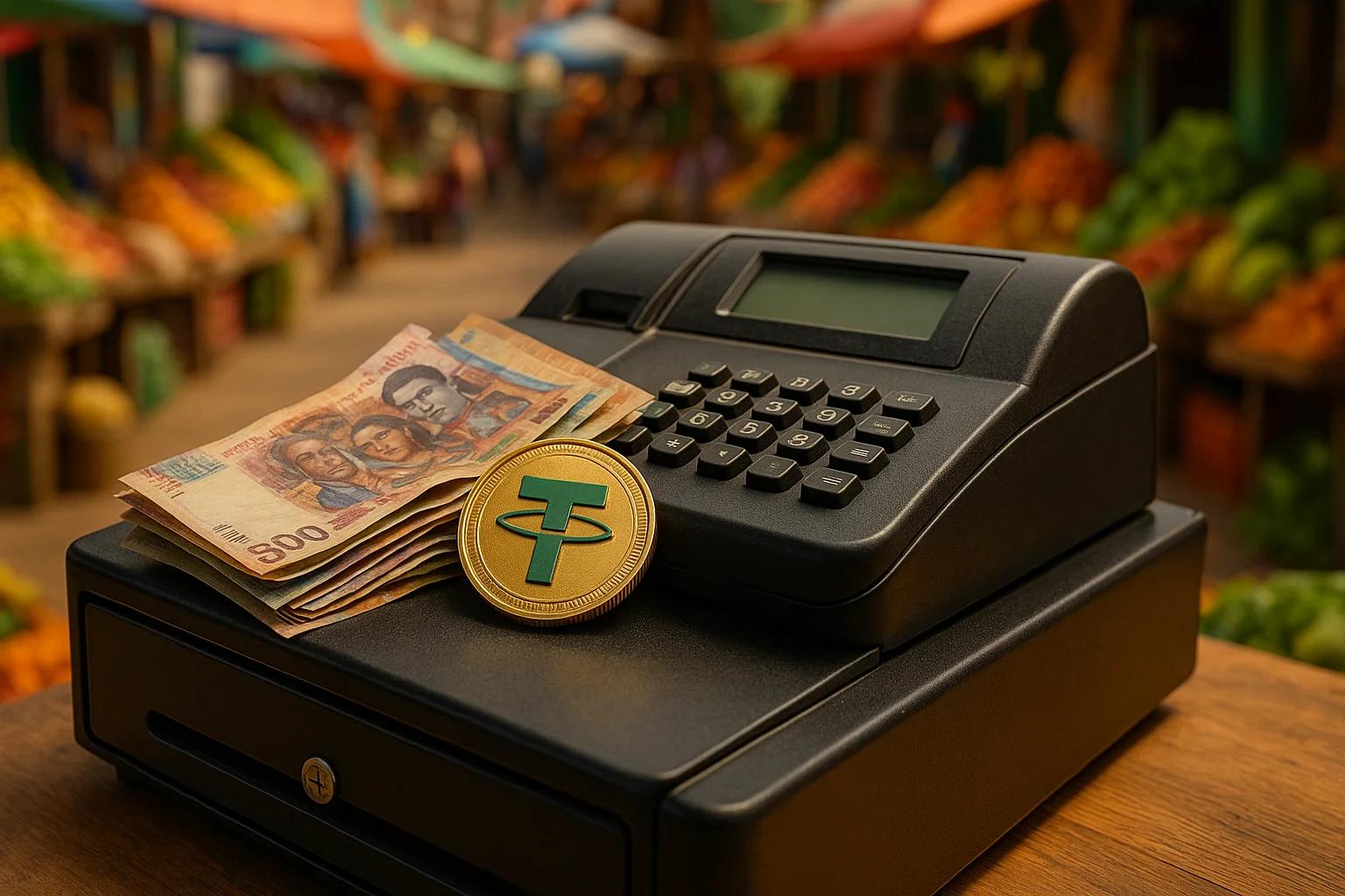 Cash register with banknotes and a coin in a