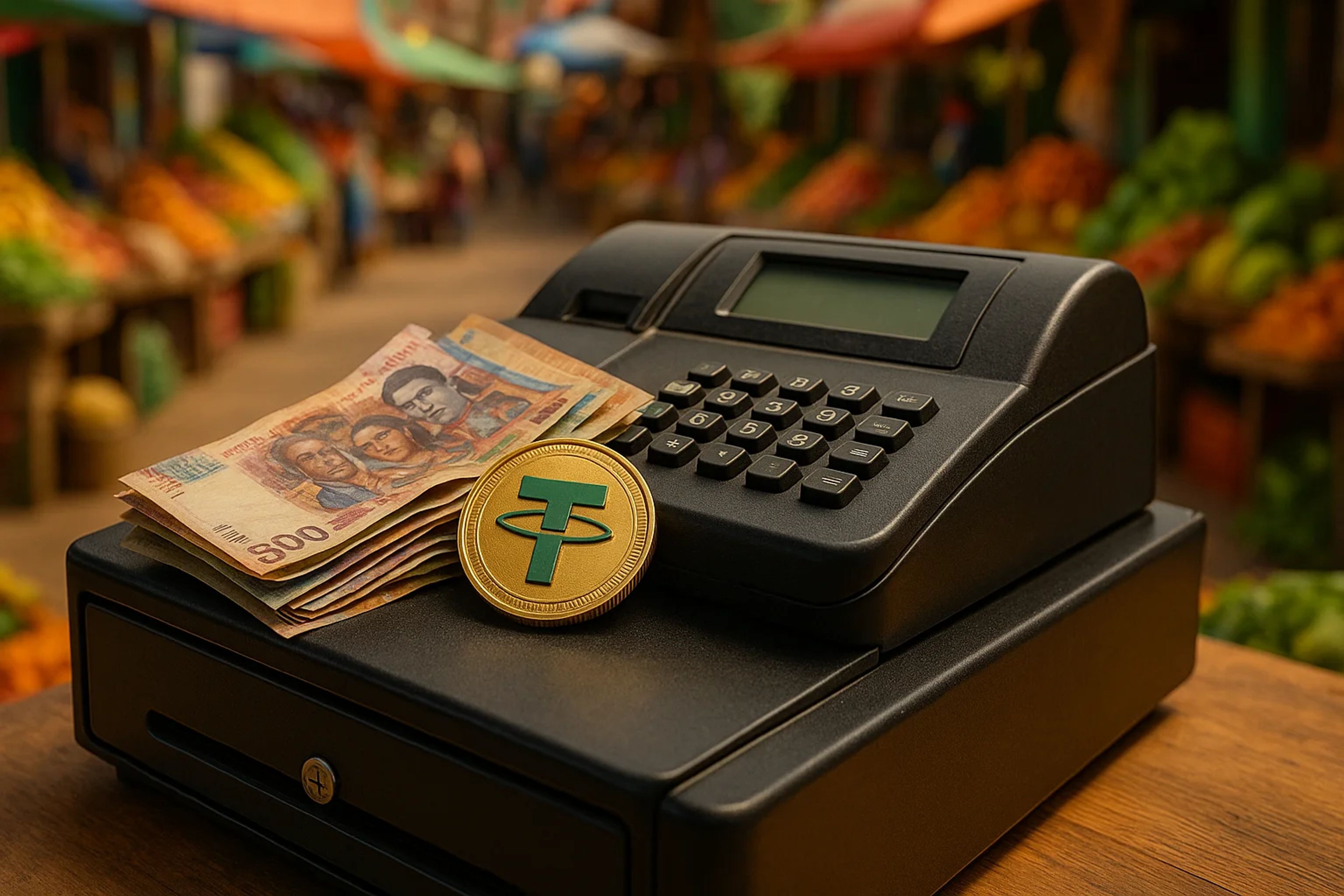 Cash register with banknotes and a coin in a