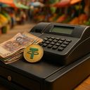 Cash register with banknotes and a coin in a